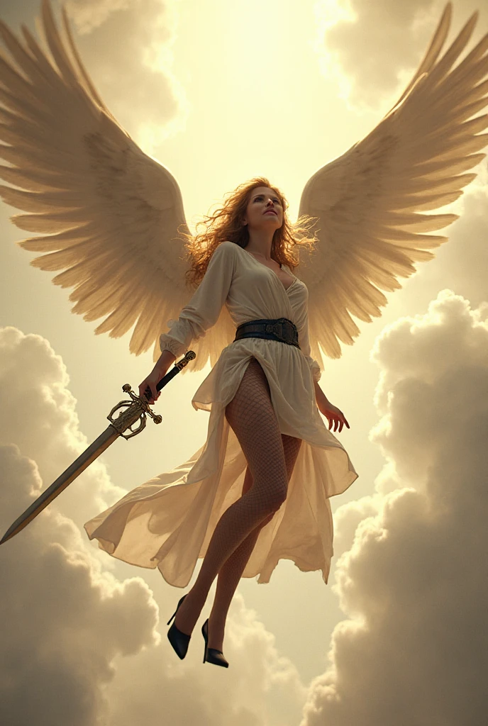 Angle from below。A female angel with large wings is looking down while ...