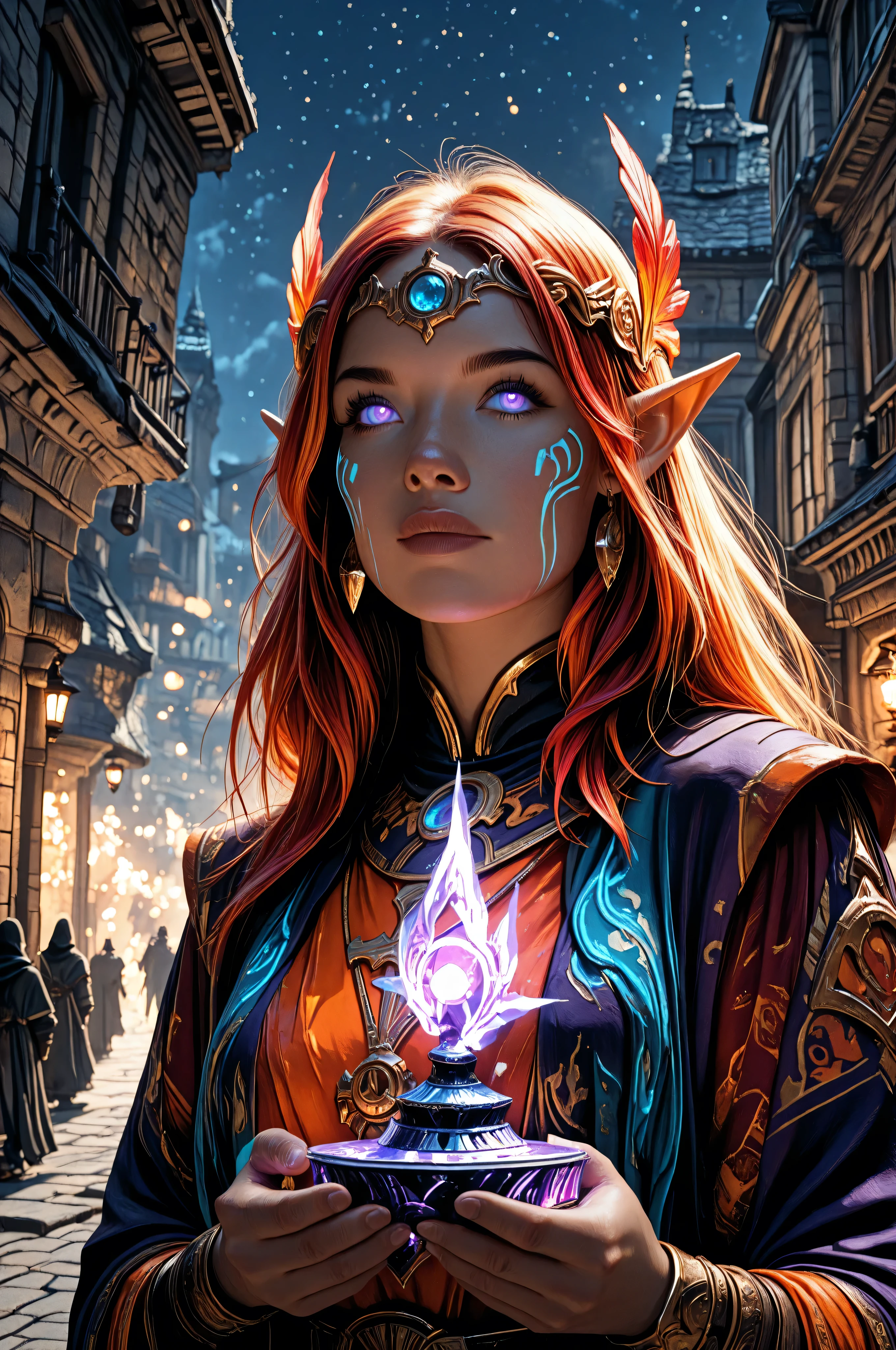 aidmaMJ6.1, a portrait of a female elf (intense details, Masterpiece, best quality) fantasy cleric, fantasy celestial guardian, armed with a holy symbol, shinning holy symbol, metallic shine, epic beautiful femlae elf, blond hair with red highlights , rich hair, purple glowing eyes, action shot, colorful magical sigils in the air, colorful divine markings floating, holding a holy symbol (intricate details, Masterpiece, best quality), fantasy magical urban street  in elven city (intense details, Masterpiece, best quality), multi colored cloak cloak, long cloak, orange armor, sense of daring, sense of adventure, high details, best quality, 16k, [ultra detailed], masterpiece, best quality, (extremely detailed), dynamic angle, ultra wide shot, photorealistic, RAW, fantasy art, dnd art,fantasy art, realistic art