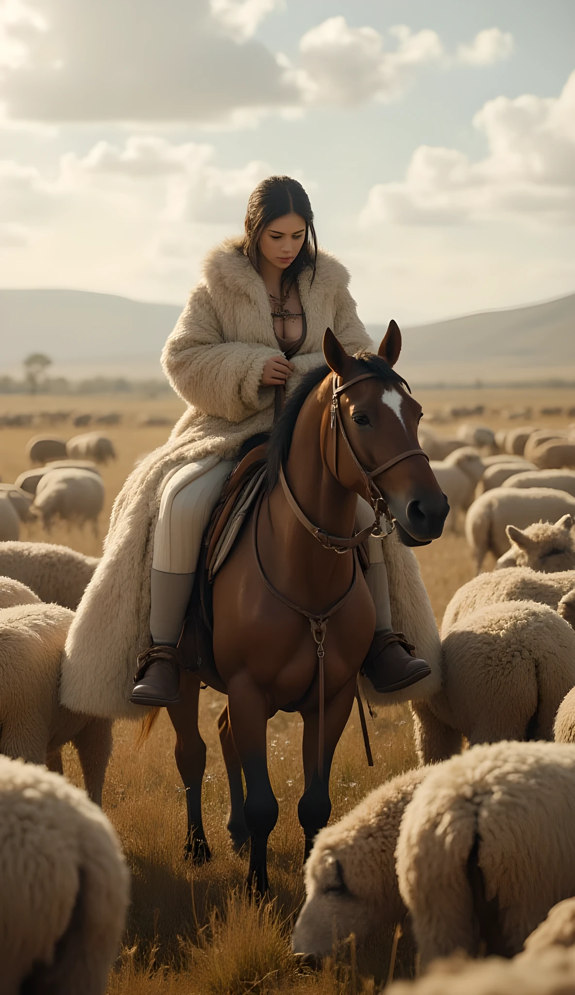 Ancient prehistoric age era, 
Stone civilization age era, 

((Realistic cinematography ultra wide depth intense stunning lots of realistically ultra-detailed sheeps herd angle of scenery)),,the detailed of an Eurasian female herder riding a realistic horse,an intricately horse,herding the sheeps,(within densely ultra intricately sheeps on the foreground),(nomads community),((a nomads tribe)),wearing fully coverage long fur primitively fabric long tunic and long coat primitive wardrobe gown dress,,,(perfectly depth symmetrically curvy, and busty body shapely),(cinematic dynamically camera widely angle scenery:accurately depicted:1.3),the lively prehistoric savana depicting scenery,afternoon,realistically full depth,(cinematography dynamic angle|hyperrealistic:realistic scenery:3d texture over the scenery),autumn season,best videography angle,hdr,golden hour, (cinematography vibe),primitive wardrobe,(dynamic image composition),(octane 3d rendering|50mm lens shot:1.3),(lifelike skin texture:lifelike hairs:realism),(best rule of third photography composition),(best image aperture),(full details depth of field),(best shutter speed),(RAW photo image),(photorealistic|photorealism:hyperrealism style),(realistic depth 3d:cgi:1.3),(trending on cgsociety:devianart:unreal engine 5),,(best photography:national Geographic style), solarPunkAi and greenPunkAi artwork, digital art,best lighting concept,(realistic intricately fixed truly fully human's anatomy body+hands+and+fingers anatomical),natural motion,inspired by farcry5 game artwork.