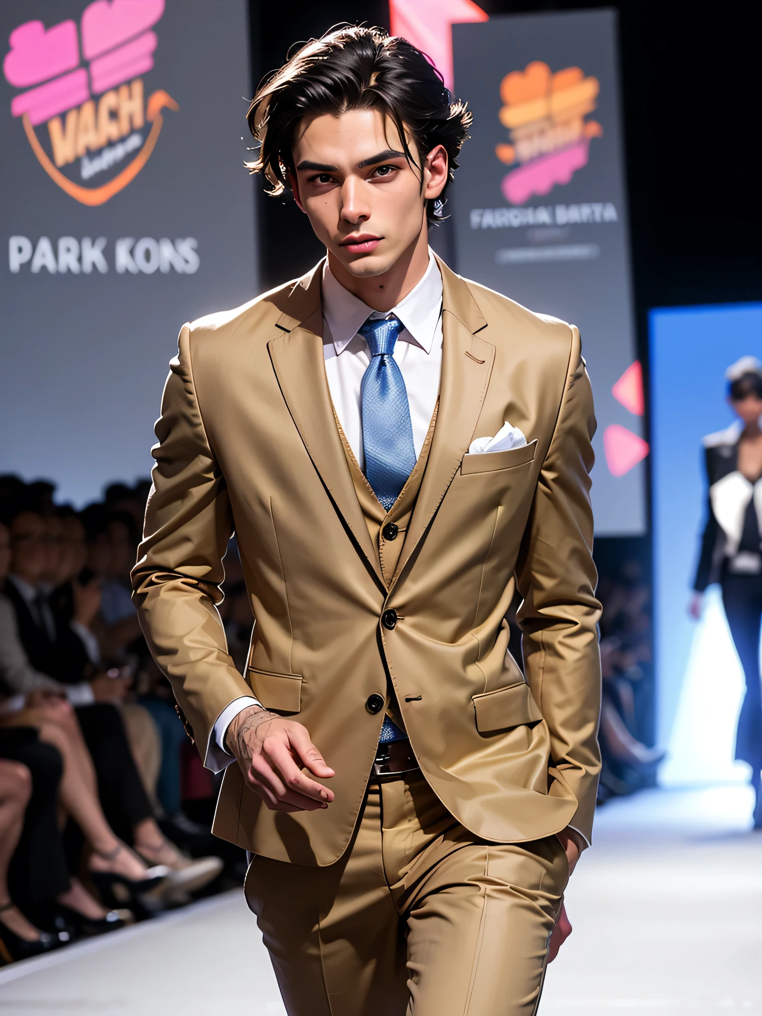 A male cockroach , Comme s'il était un homme avec des ailes de cafard, Costume et cravate, He is on the runway at the fashion show 