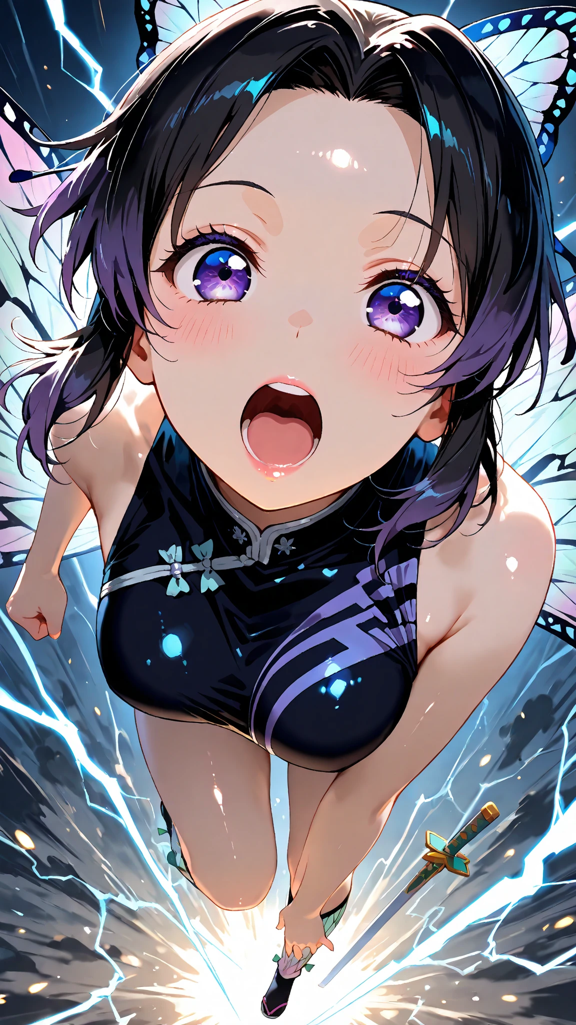1 female,black hair,((12 years old)),(((blue shiny skirt)))((Sexy black micro bikini))(((blush、open mouth smile)),(((Yuki Mikan))),(((portrait))),crowd,(()))(baby girl body shape)(((small breasts)))sexy pose,(tentacle)((wet with sweat))(((Shiny clothing)))