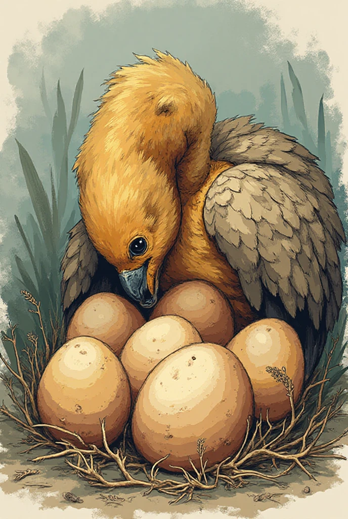 Carrying a huge ostrich egg、With a rat brother and an owl、Squirrel and hare、Picture book style、Watercolor style、Darker colors、Fewer colors