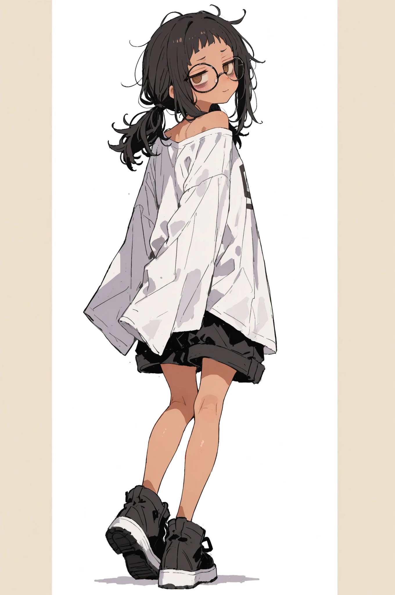 (low body proportions),1girl,Super Detailed,absolute resolution,(dynamic angles),(tanned skin:0.3),(portrait),(pinup),(from behind:1.3),,full body,,dashed eyes,looking back at viewer,
standing,arms behind back,
shirt,off-shoulder shirt,oversized shirt,wide sleeves,sleeves past fingers,untucked shirt,Knee-length shirt,baggy shorts,oversized shorts,,black-framed eyewear,Thick-rimmed eyewear,
detailed and beautiful face and eyes,brown eyes,(big eyes:0.5),,,(Thick lips:0.3),(Thick eyebrows:0.5),round nose,
flat , black hair,long hair,low twin tails,short bangs,(messy hair),
(blush:0.5),(nose blush:0.5),(smug:0.7),>:),tareme,jitome,bags under eyes,(flatcolor background),748cmstyle,otintin,