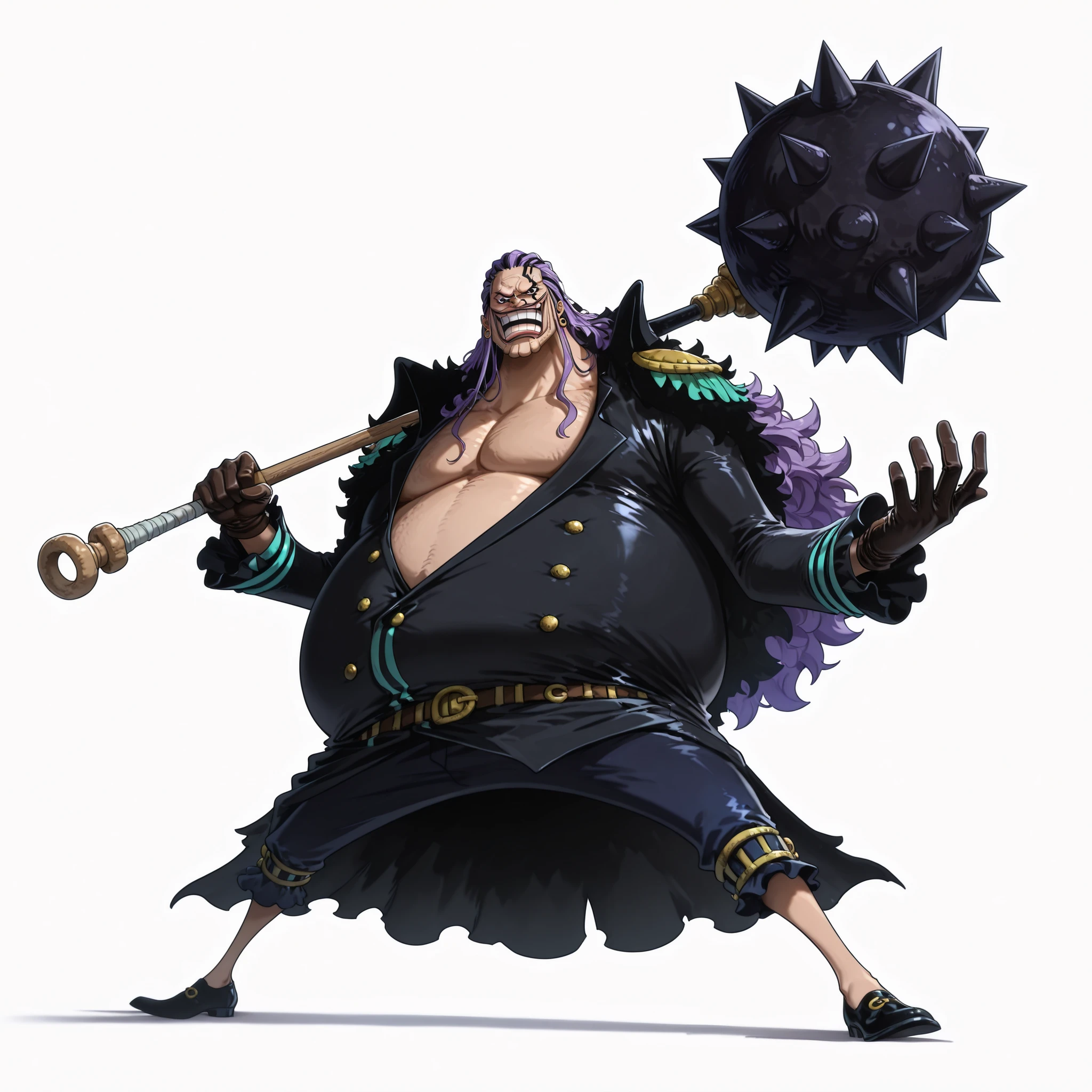 (male), (old man), (short legs), (large arm), (giant character), (giant body), (very fat body), (purple hair), (long hair), (no bangs hair), (black eyes), (villain face), (solo), (single character), (full body version), (white background), (no background), (highly detailed), (shadow), (standing pose), (natural light), (detailed outfit), (detailed hand), (detailed face), (detailed hair)
Wearing international villain outfit, elegant dark suit, long trench coat, leather gloves, dark blue trouser, polished shoes, confident pose, exuding dangerous aura. (One piece style art), (holding super big mace)