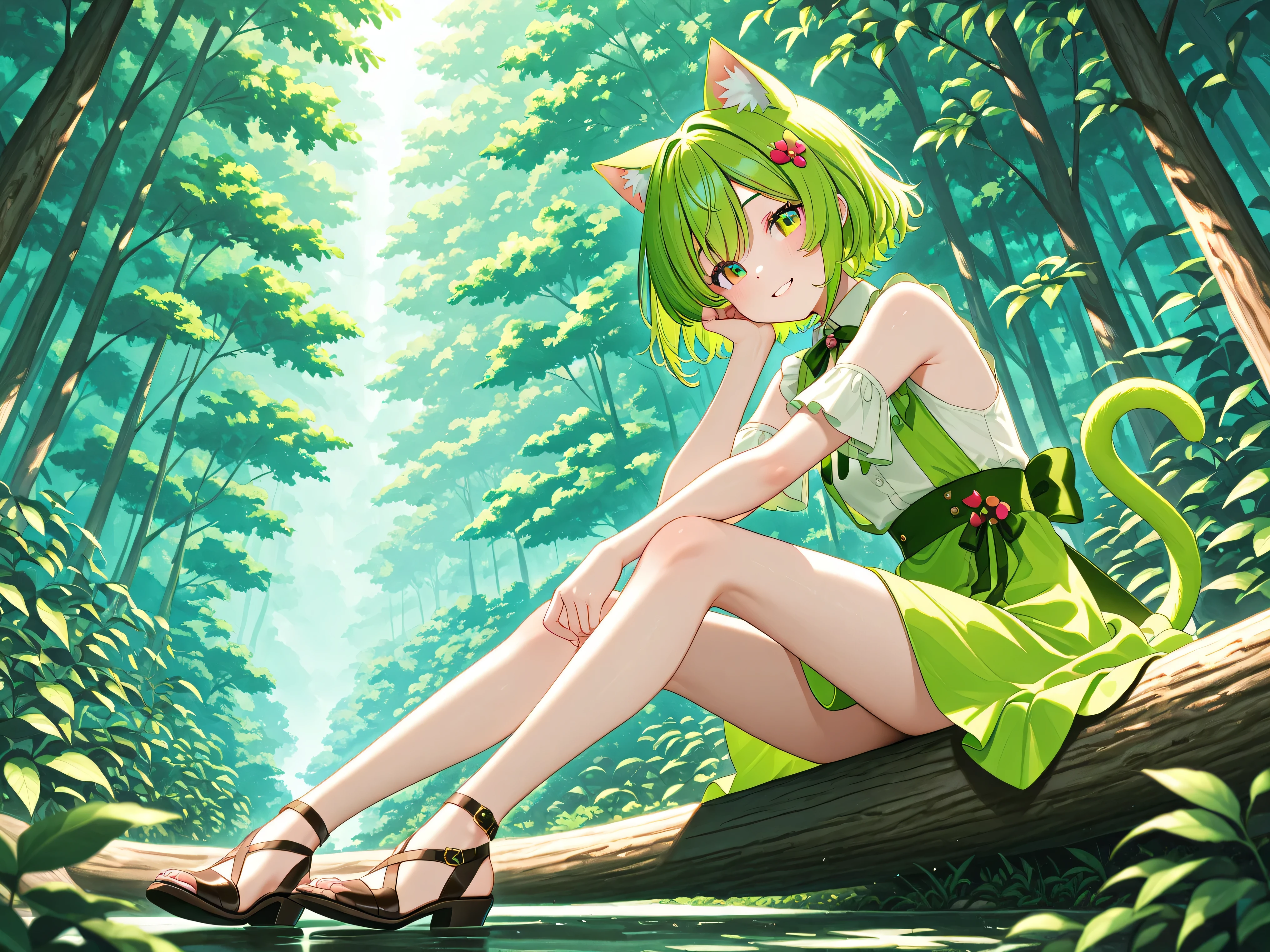 one girl、Cat ears、cat tail、personification of a cat、 green hair、SHORT HAIR、Smile Yan、Parks、nature、Hinata、relaxed、4K、HDR、exquisite texture、vivid colors、Professional