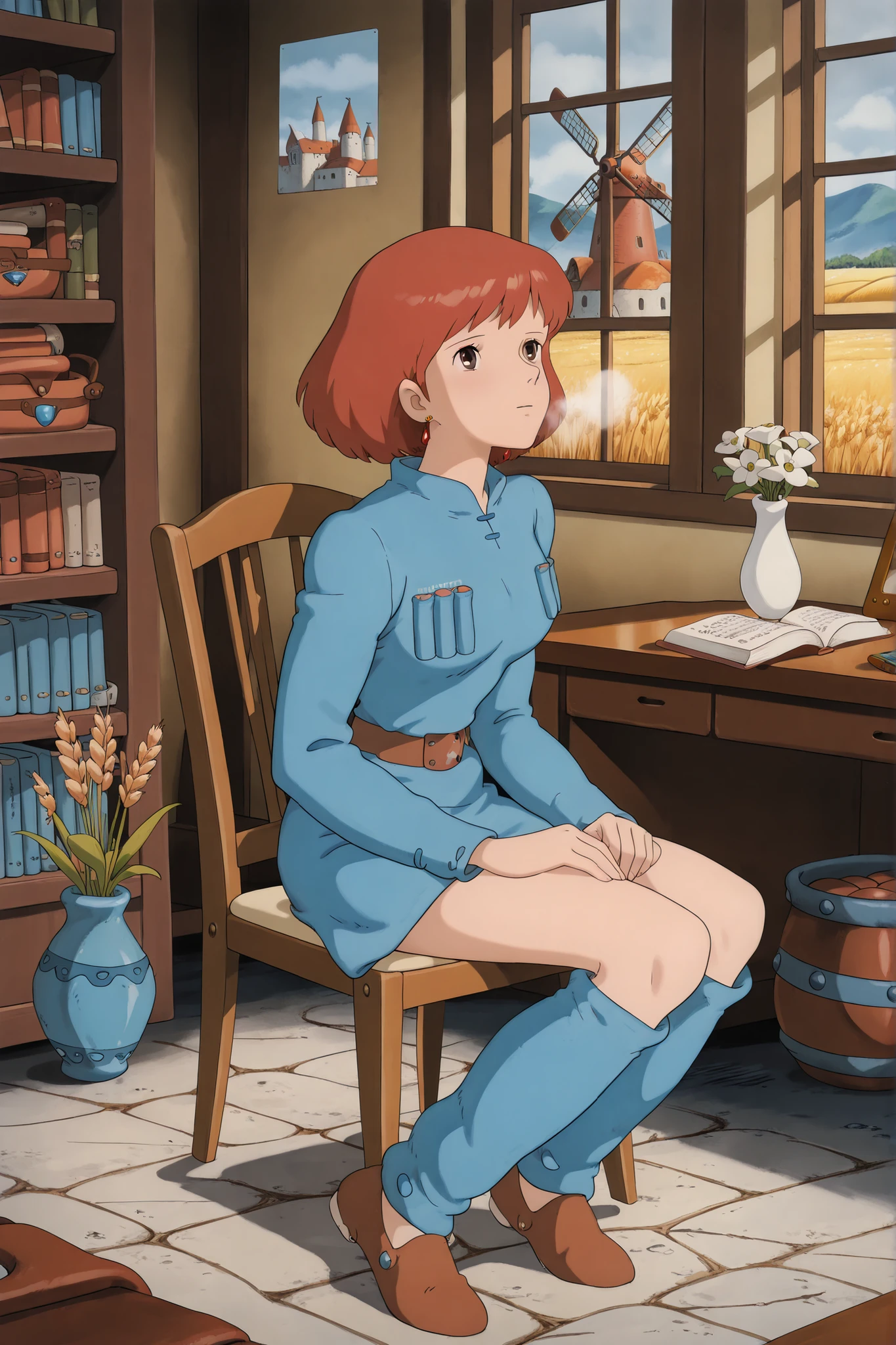 Nausicaa,1girl,brown hair,medium hair,brown eyes, breasts,, (Masterpiece, top quality, 8k, High quality anime, detailed and accurate anime poster, Studio Ghibli style, High sense Art ), adorable face, very kind face, Sitting chair and reading book near window in her private room, desk, bookshelf, flower in a vase, Exotic atmosphere, relax pose, Quilted lap blanket, hot breath close to the face, on rainy day, orange hair, short hair, ((elegant short bob cut)), dark brown eyes, beautiful clear eyes, Red Gemstone Earrings, beautiful breasts, beautiful legs, perfect body balance, perfect beauty, slender body, (looking up viewer), Valley of the Wind Scenery, Beautiful scenery in the valley, Cturch, windmill, Wheat field, Cobblestone load, winery, Castle terrace, Silk Sheets, ((very cool Nausicaa)), ((Nausicaa is very elegant)), skin color leggings, blue dress,chest bullet holder,long_sleeves, belt, blue leg warmer, felt shoes, (Two java sparrows perched on her hands,)