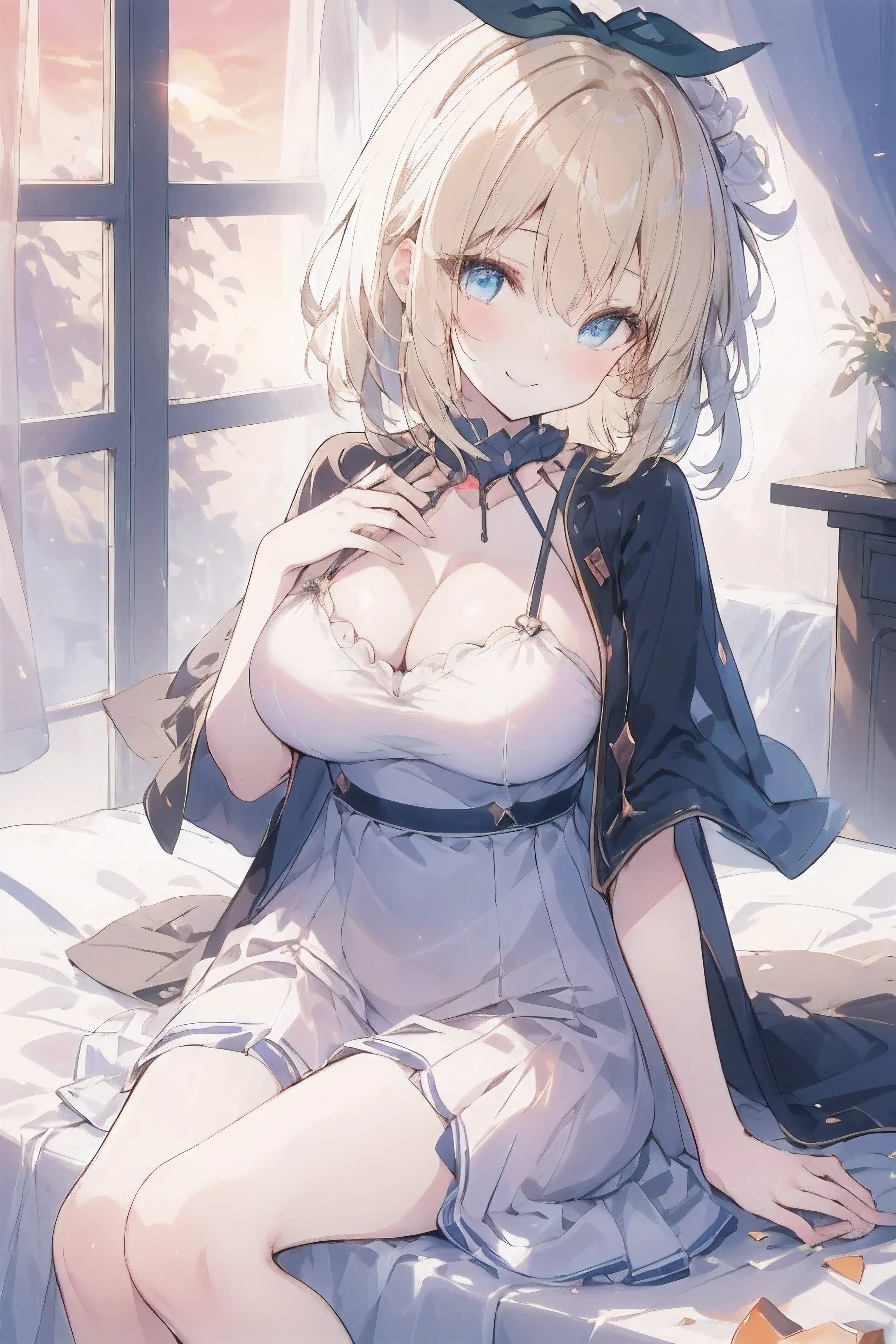 best quality, master piece, Rumia Tingel, black dress,  lens flare, sparkle, reflection light, legs, smile, sexy, not big chest, Enchanted face, cute face, blonde hair, blue eyes, transparent eyes, night, sunset, beautiful legs, simple composition, long skirt, bed, lying down