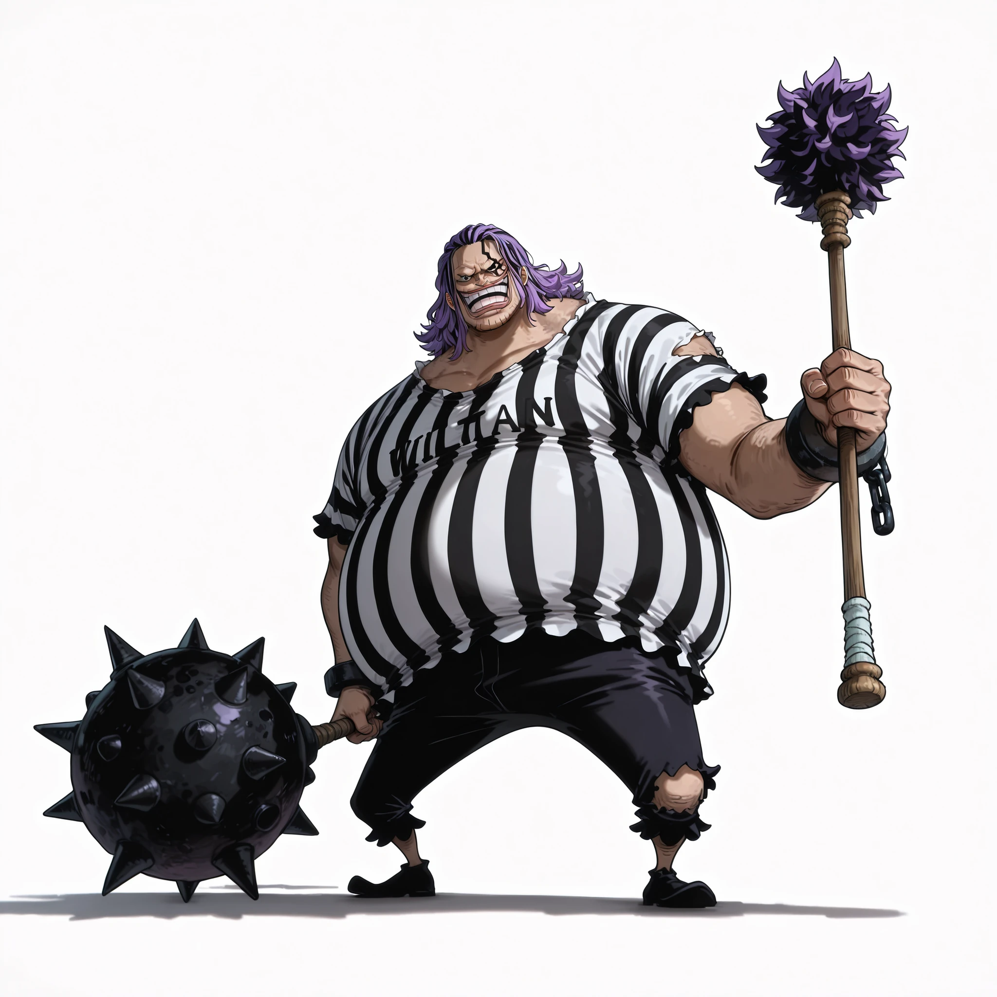 (male), (old man), (short legs), (large arm), (giant character), (giant body), (very fat body), (purple hair), (medium hair), (no bangs hair), (black eyes), (villain face), (solo), (single character), (full body version), (white background), (no background), (highly detailed), (shadow), (standing pose), (natural light), (detailed outfit), (detailed hand), (detailed face), (detailed hair)
Wearing prisoner outfit of a big criminal, striped prison uniform, short trousers, old torn prison shirt, chains on wrists, rugged appearance. (One piece style art), (holding big mace)