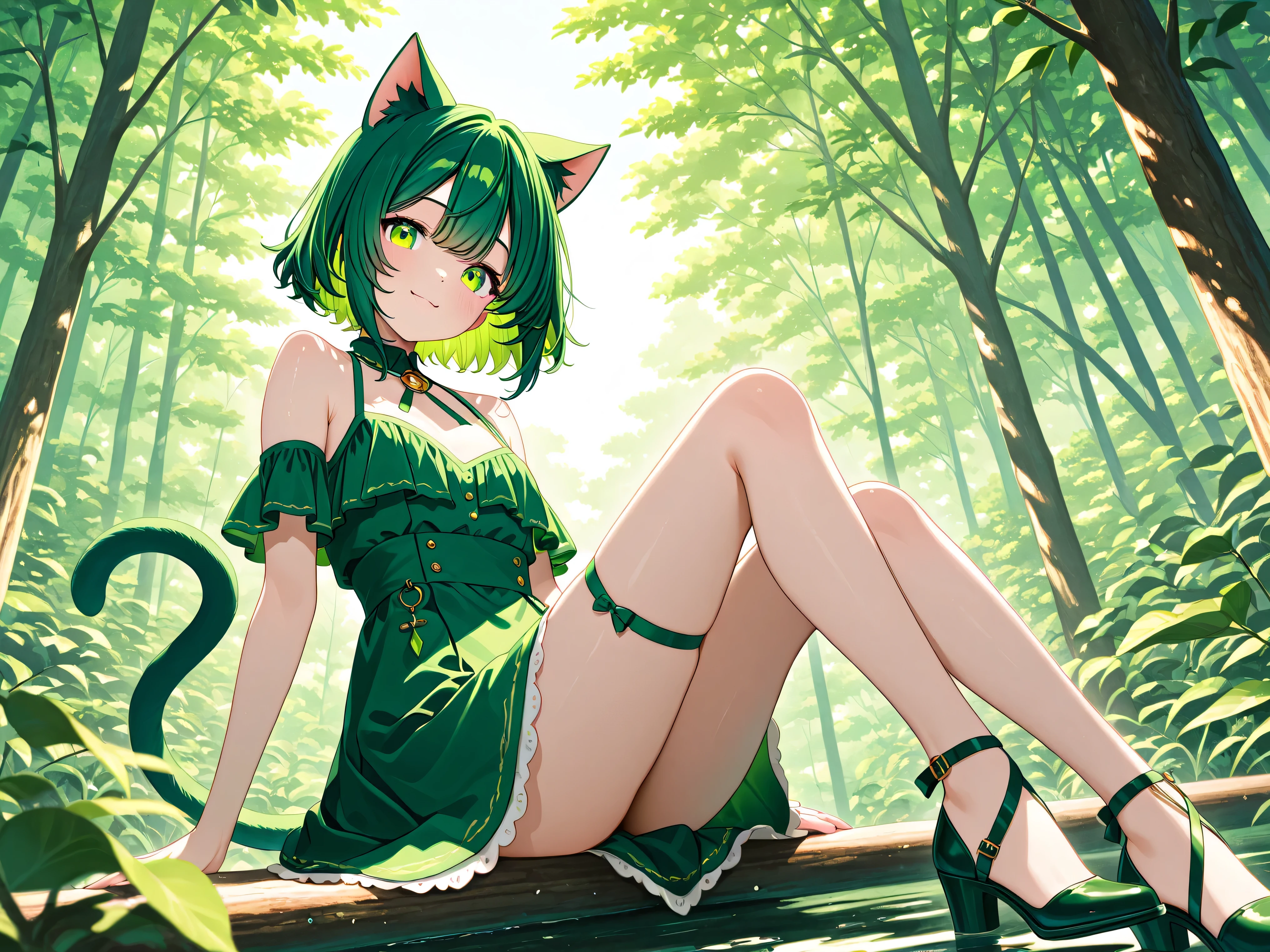 one girl、Cat ears、cat tail、personification of a cat、 green hair、SHORT HAIR、Smile Yan、Parks、nature、Hinata、relaxed、4K、HDR、exquisite texture、vivid colors、Professional