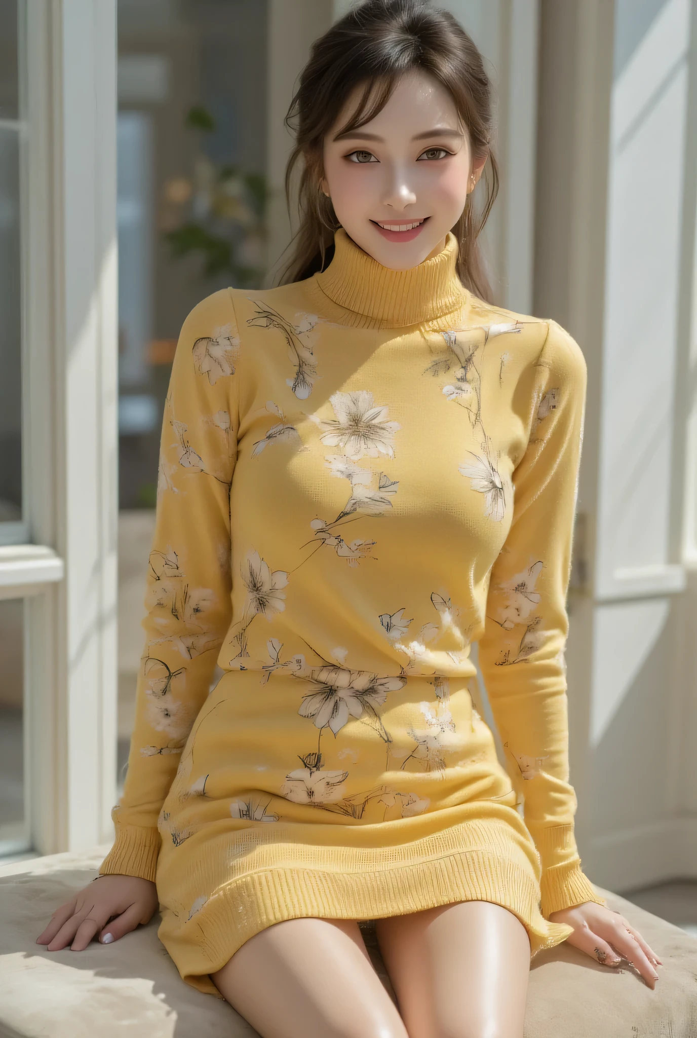 A sophisticated Japanese woman in her late 40s, wrapped in a floral dark yellow turtleneck knit with cashmere-like softness. The premium knit fabric elegantly embraces her voluptuous yet refined bust, creating smooth curves from the stylish high neck to the hem. A delicately ribbed tight skirt, sitting15 centimeters above the knee, sensually accentuates her slender legs' silhouette. A small, alluring mole positioned about 5 millimeters from the right corner of her lips adds a sensual charm to her expression. She gazes directly at the camera with clear brown eyes, wearing an intelligent and warm smile. Her glossy black hair is pulled back into a refined ponytail, highlighting the beautiful line of her slender neck. Her long, delicate fingers casually touch the hem of her skirt with calculated allure. Captured in a sophisticated space with glossy white walls, bathed in natural sunlight, this shot perfectly encapsulates the charm of a mature woman.