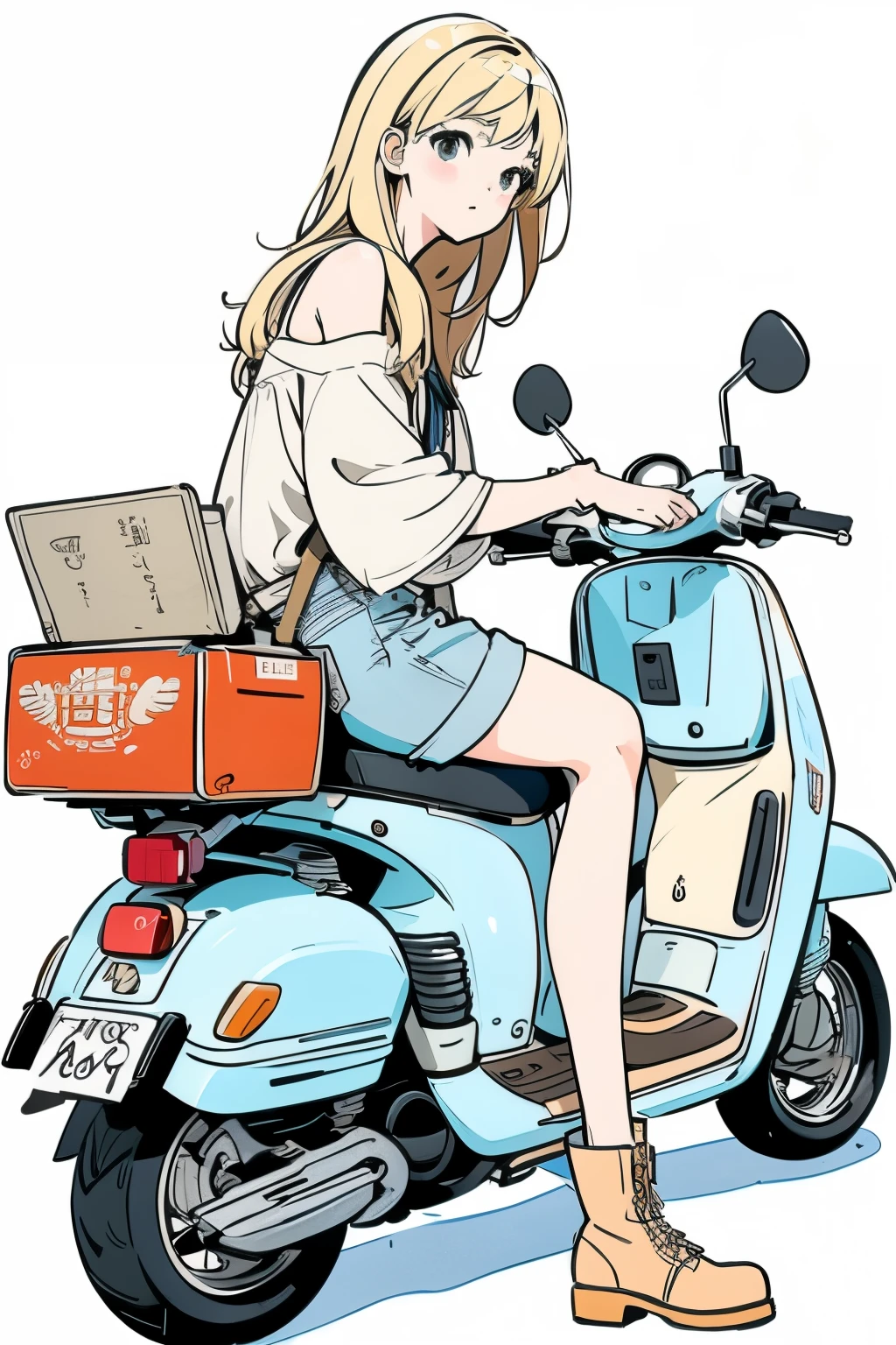 beautiful anime style illustration 、Blonde woman is sitting on a scooter , woman is wearing a white off-the-shoulder top , denim shorts and brown engineer boots. The illustration is simple and clean  . The overall color scheme is soft , creates a warm atmosphere .