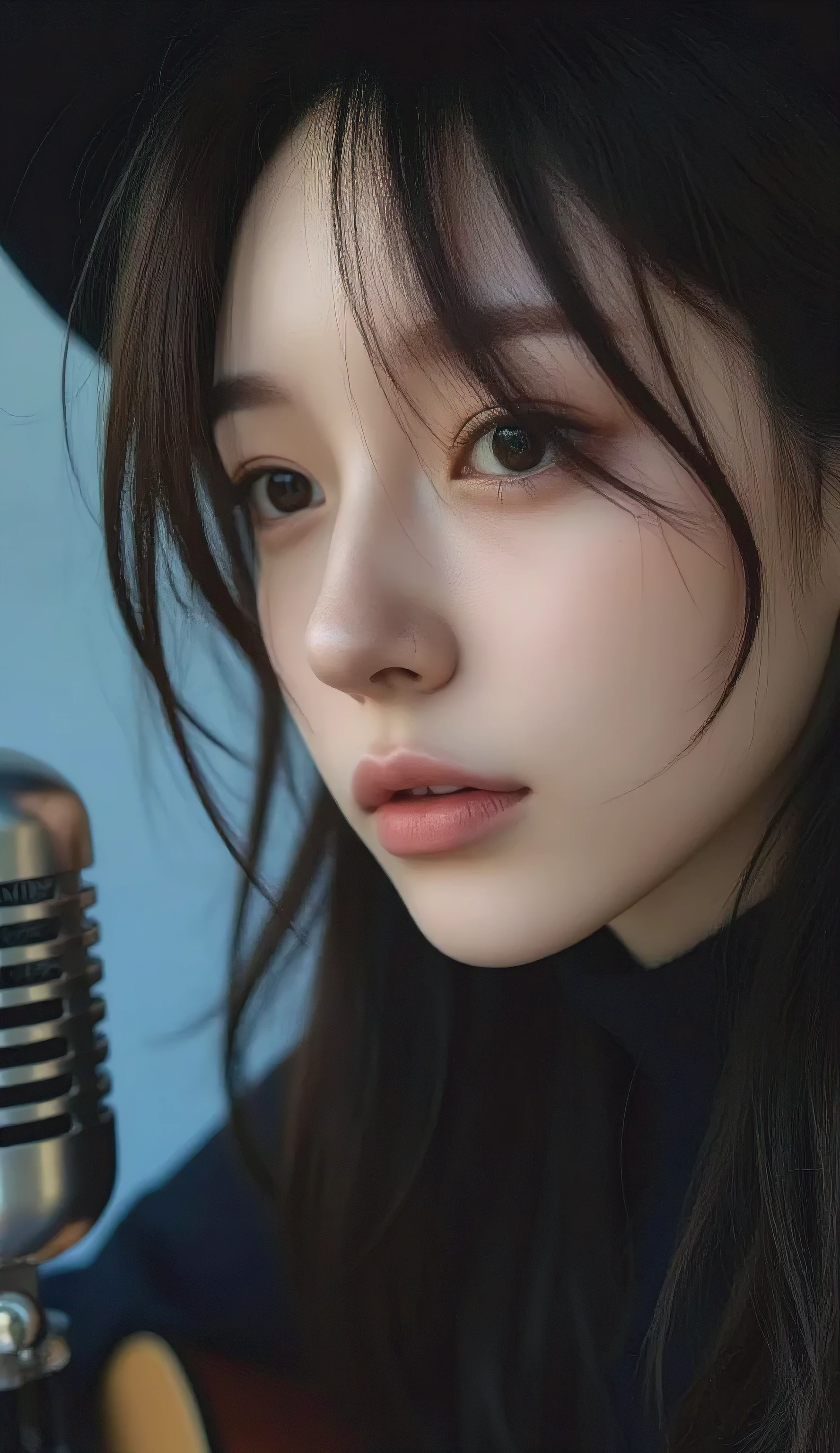 super resolution, artistic portrait, Neutral face close-up, Sharp Cheekbones, Brown eyes piercing, Hair blowing in the wind, Put the advanced stand condenser microphone in front of you, singing while playing guitar, dramatic side lighting, depressing mood, detailed skin texture, fashion photo style, Editorial Quality, soft blue fog, Cowboy shot.