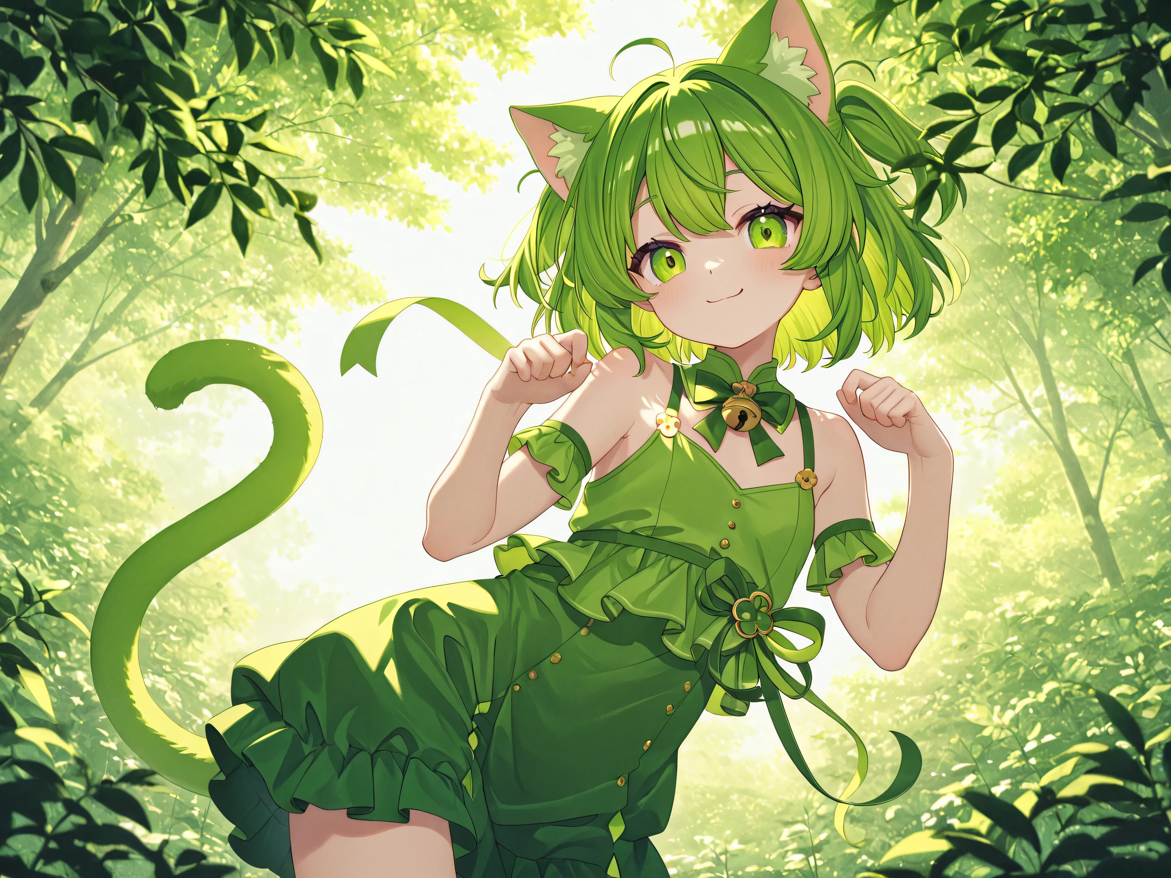 one girl、Cat ears、cat tail、personification of a cat、 green hair、SHORT HAIR、Smile Yan、Parks、nature、Hinata、relaxed、4K、HDR、exquisite texture、vivid colors、Professional
