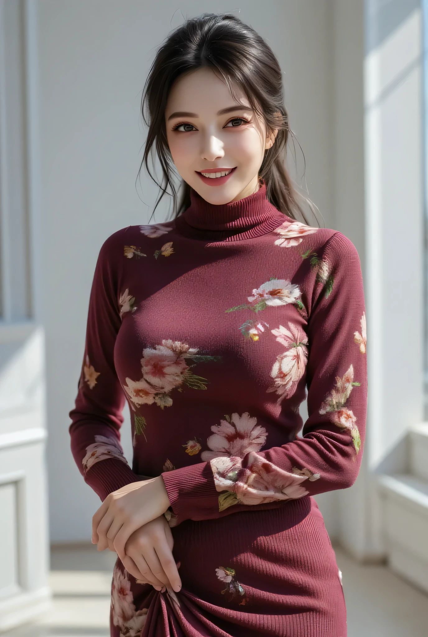 A sophisticated Japanese woman in her late 40s, wrapped in a floral wine red turtleneck knit with cashmere-like softness. The premium knit fabric elegantly embraces her voluptuous yet refined bust, creating smooth curves from the stylish high neck to the hem. A delicately ribbed tight skirt, sitting15 centimeters above the knee, sensually accentuates her slender legs' silhouette. A small, alluring mole positioned about 5 millimeters from the right corner of her lips adds a sensual charm to her expression. She gazes directly at the camera with clear brown eyes, wearing an intelligent and warm smile. Her glossy black hair is pulled back into a refined ponytail, highlighting the beautiful line of her slender neck. Her long, delicate fingers casually touch the hem of her skirt with calculated allure. Captured in a sophisticated space with glossy white walls, bathed in natural sunlight, this shot perfectly encapsulates the charm of a mature woman.
