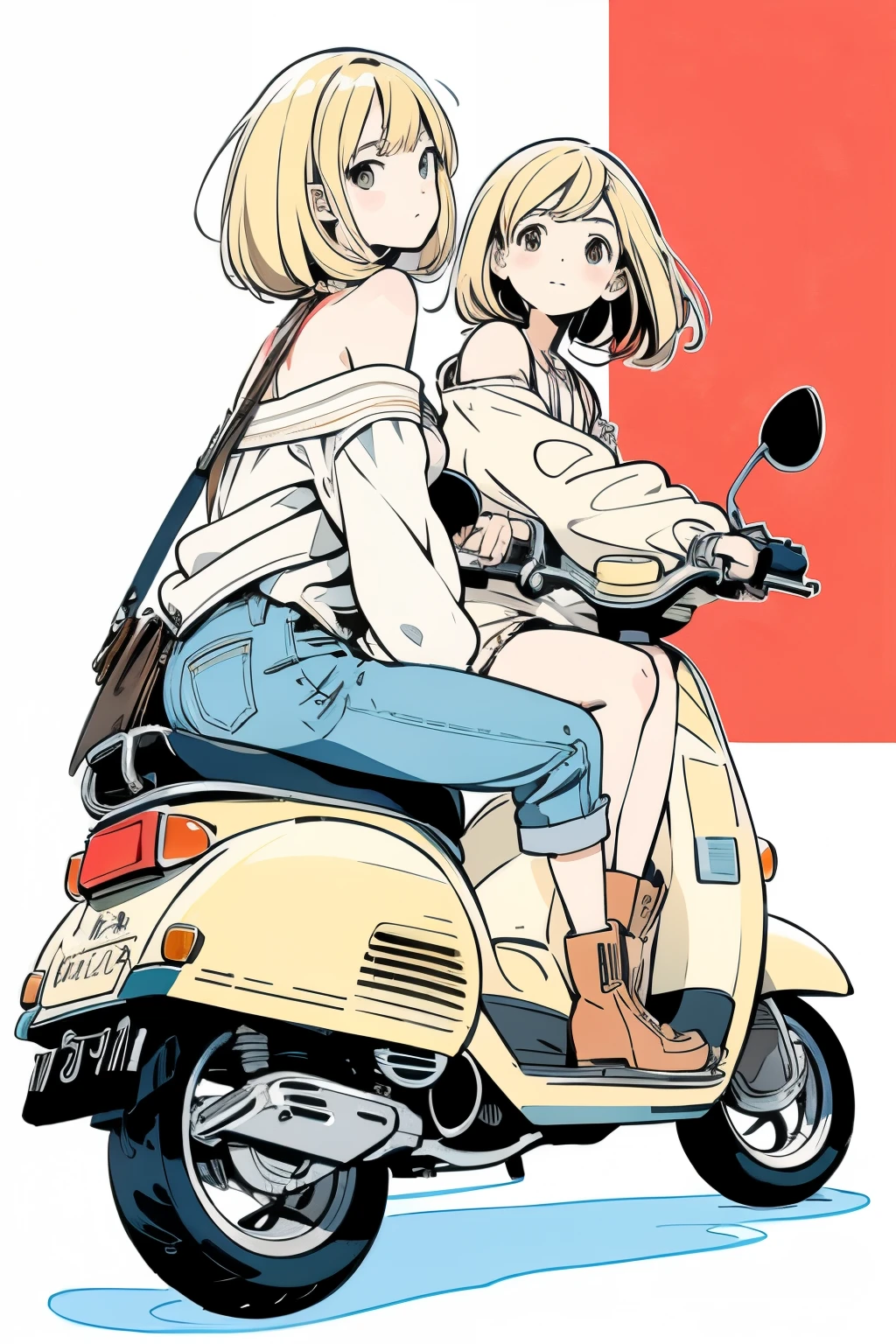 beautiful anime style illustration 、Blonde woman is sitting on a scooter , woman is wearing a white off-the-shoulder top , denim shorts and brown engineer boots. The illustration is simple and clean  . The overall color scheme is soft , creates a warm atmosphere .