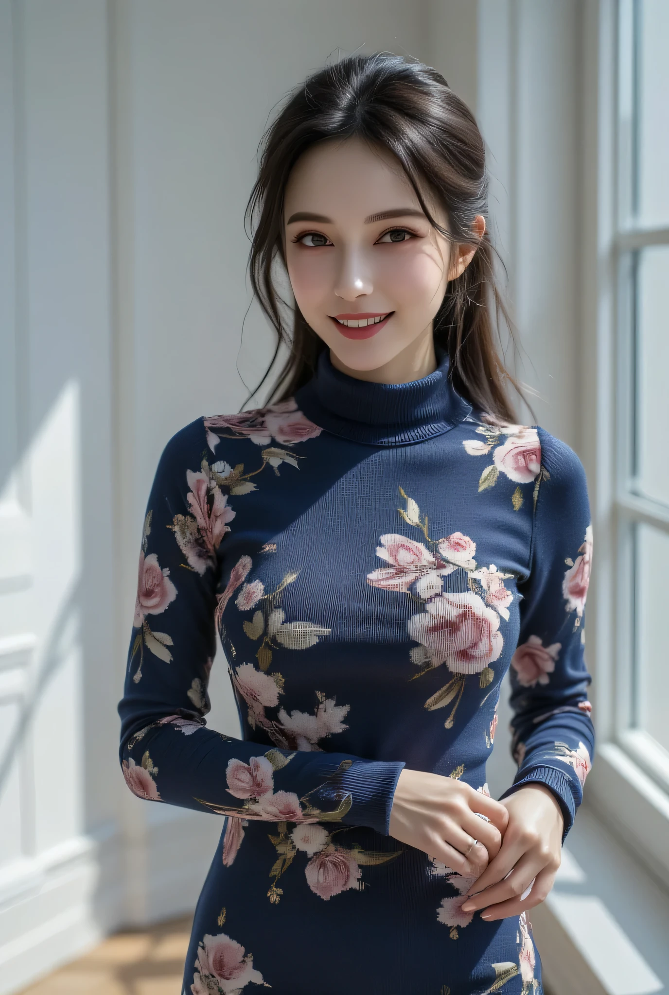A sophisticated Japanese woman in her late 40s, wrapped in a floral navy blue turtleneck knit with cashmere-like softness. The premium knit fabric elegantly embraces her voluptuous yet refined bust, creating smooth curves from the stylish high neck to the hem. A delicately ribbed tight skirt, sitting15 centimeters above the knee, sensually accentuates her slender legs' silhouette. A small, alluring mole positioned about 5 millimeters from the right corner of her lips adds a sensual charm to her expression. She gazes directly at the camera with clear brown eyes, wearing an intelligent and warm smile. Her glossy black hair is pulled back into a refined ponytail, highlighting the beautiful line of her slender neck. Her long, delicate fingers casually touch the hem of her skirt with calculated allure. Captured in a sophisticated space with glossy white walls, bathed in natural sunlight, this shot perfectly encapsulates the charm of a mature woman.