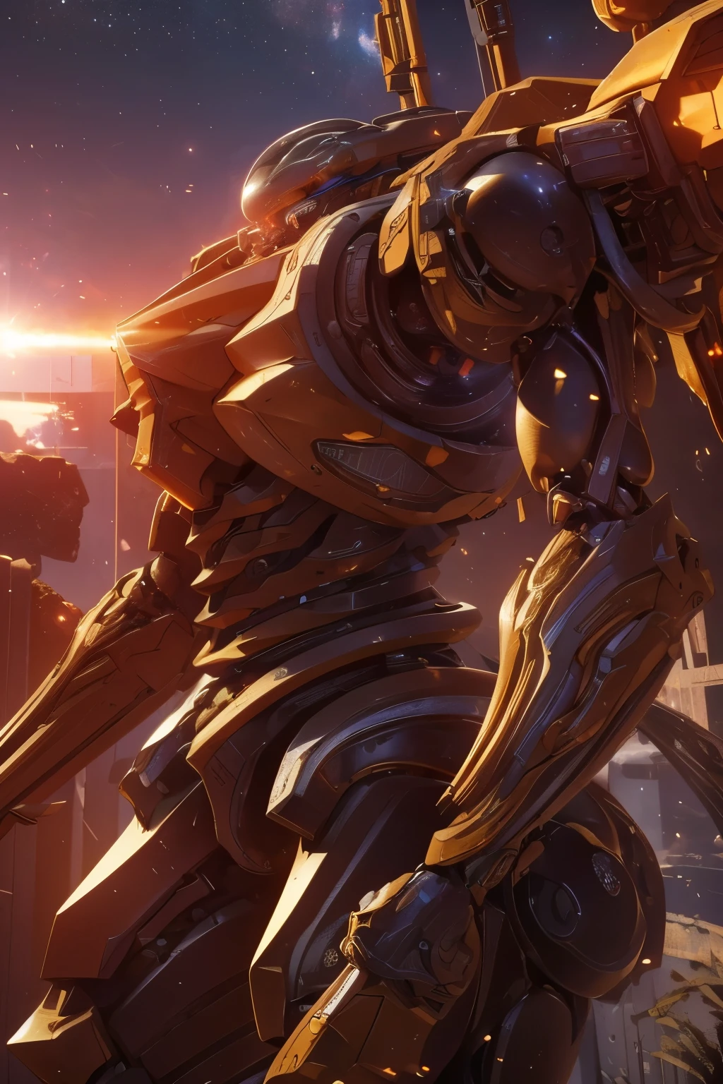 Extremely detaild, 8K, HDR, natural light, cinematic lighting, masterpiece-anatomy-perfect, Ultra HD, (Space Battlefield:1.5), RAW photo, metallic, professional, ultra-fine painting, perfect body proportions, anatomically correct, uhd, real texture material, Anti-Aliasing, FKAA, TXAA, SSAO, Post Processing, Post Production, Tone Mapping, CGI, VFX, SFX, Hyper maximalist, Volumetric, ultra photorealultra-detailed intricate details. Mech laranja com detalhes brancos, carregava um escudo em forma de torre. Corpo pesado, quadrado e com ligações octogonais, traziam um ar mais sagrado. (Obra de arte, melhor qualidade:1.5)