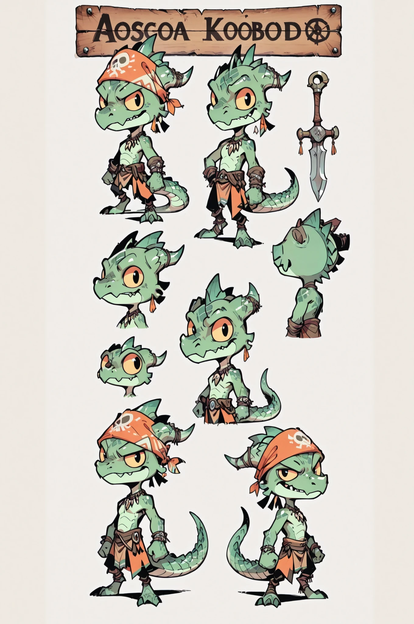 Three( male,green skin, green scales, (((Kobold)), (detailed kobold)) wearing a pirate tools, a tribal clothes, character design, toon style, chibi