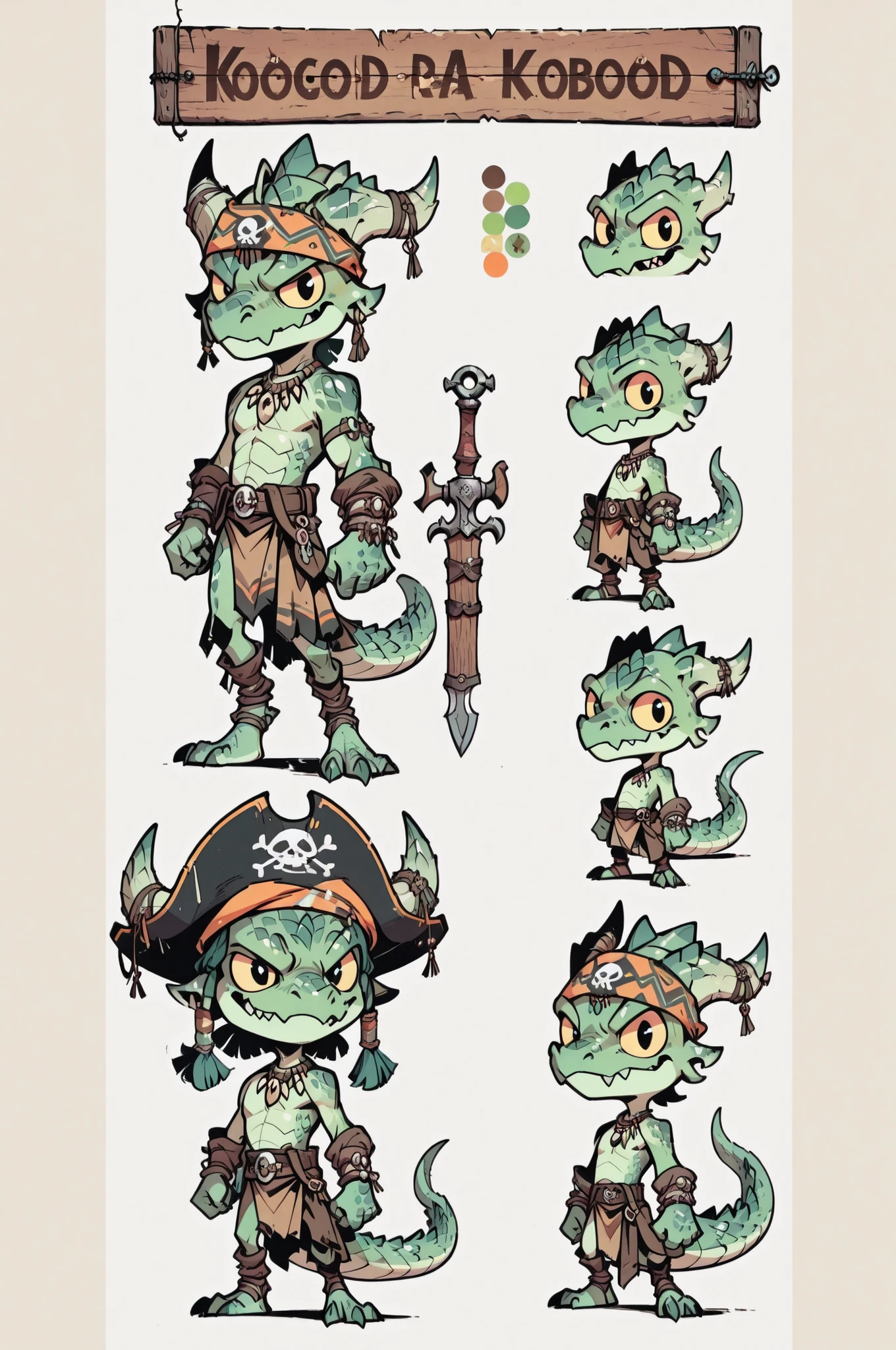 Three( male,green skin, green scales, (((Kobold)), (detailed kobold)) wearing a pirate tools, a tribal clothes, character design, toon style, chibi