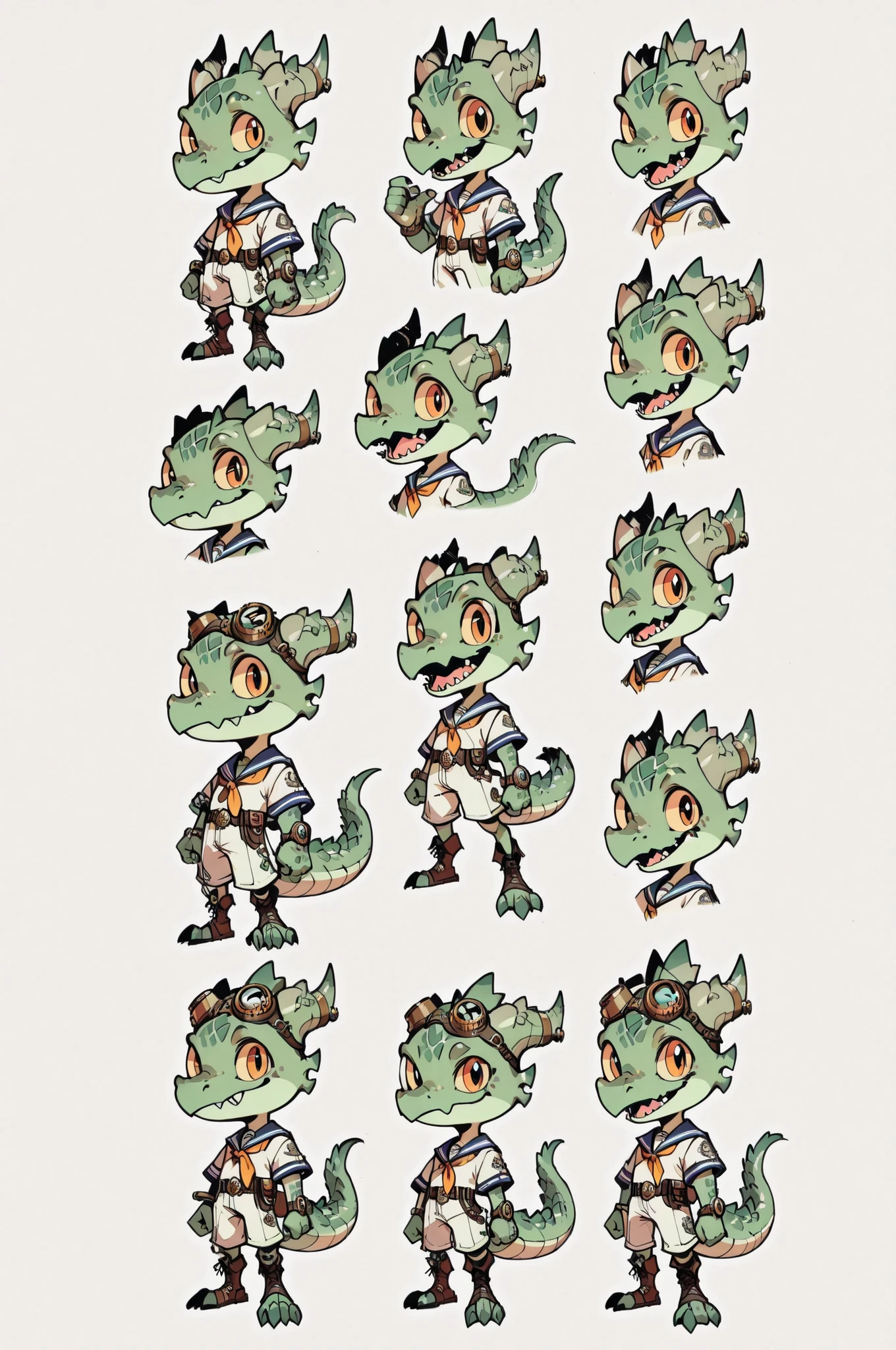 Three( male,green skin, green scales, (((Kobold)), (detailed kobold)) wearing a steampunk tools, a sailor clothes, character design, toon style, chibi