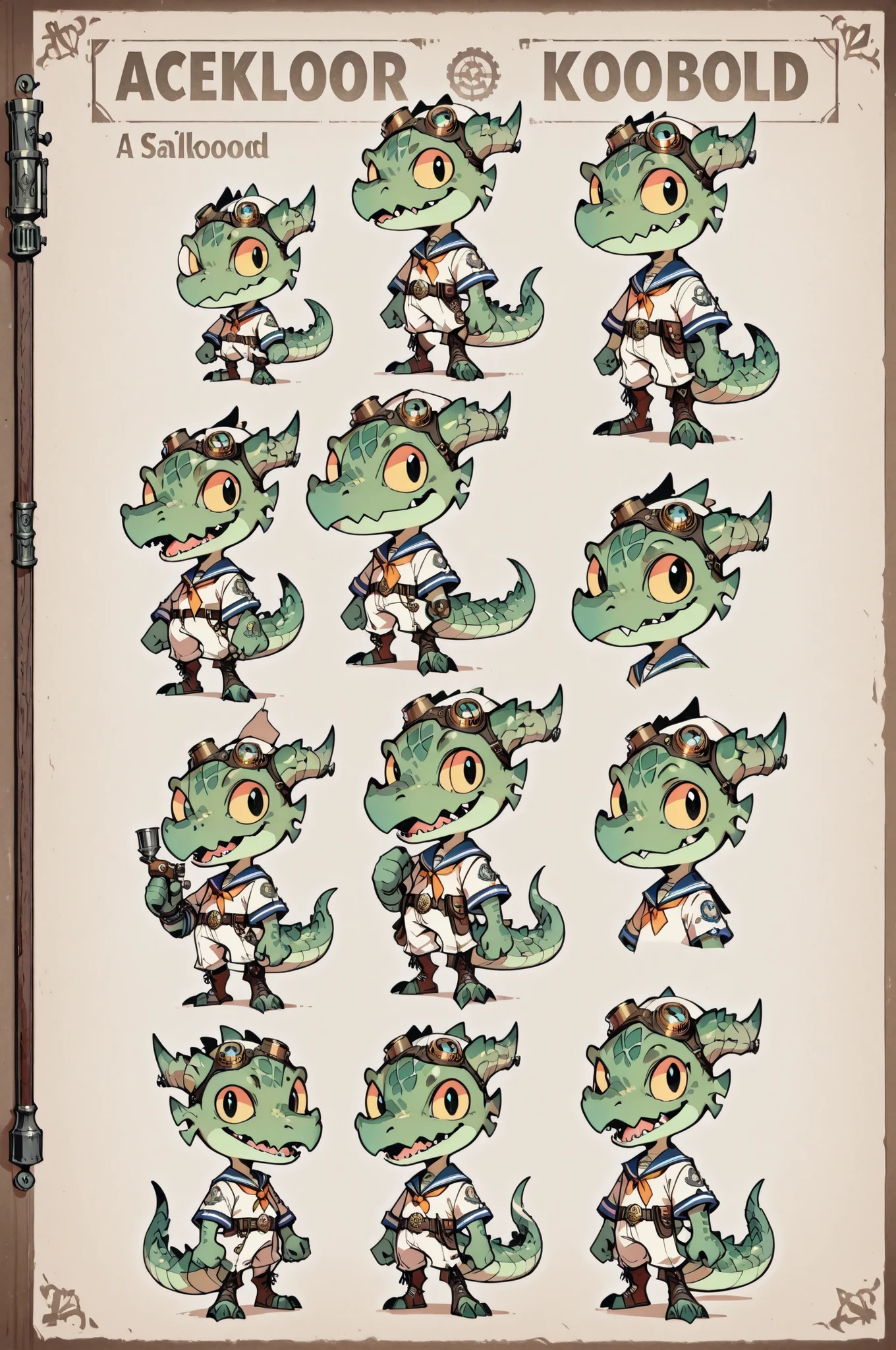 Three( male,green skin, green scales, (((Kobold)), (detailed kobold)) wearing a steampunk tools, a sailor clothes, character design, toon style, chibi