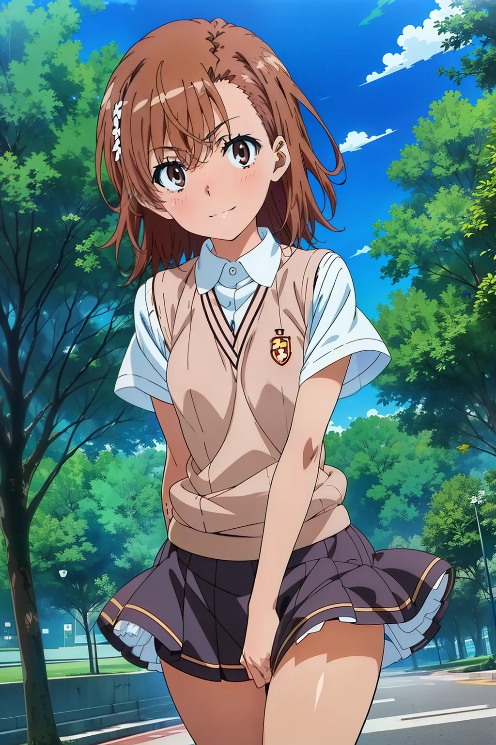 (masterpiece, best quality, high resolution, 8k:1.2), (anime coloring, official art:1.5), perfect character design, official art, highly detailed CG Unity 8K wallpaper, perfect face, perfect eye, perfect hair style, perfect body, beautiful body, beautiful skin, beautiful breasts, beautiful legs, beautiful hands, perfect hands, beautiful finger, beautiful face, beautiful eyes, symmetrical eyes, slim body, (1 girl), (misaka mikoto, brown eyes), (small breasts), (brown hair, short hair, bangs, eyebrows visible through hair, hairpin), (tokiwadai school uniform, white shirt, short sleeves, (sweater vest, v-neck), (gray skirt, pleated skirt, thighs), (loose socks)), (park, tree, (dutch angle), looking at the viewer, (cowboy shot:1.2),