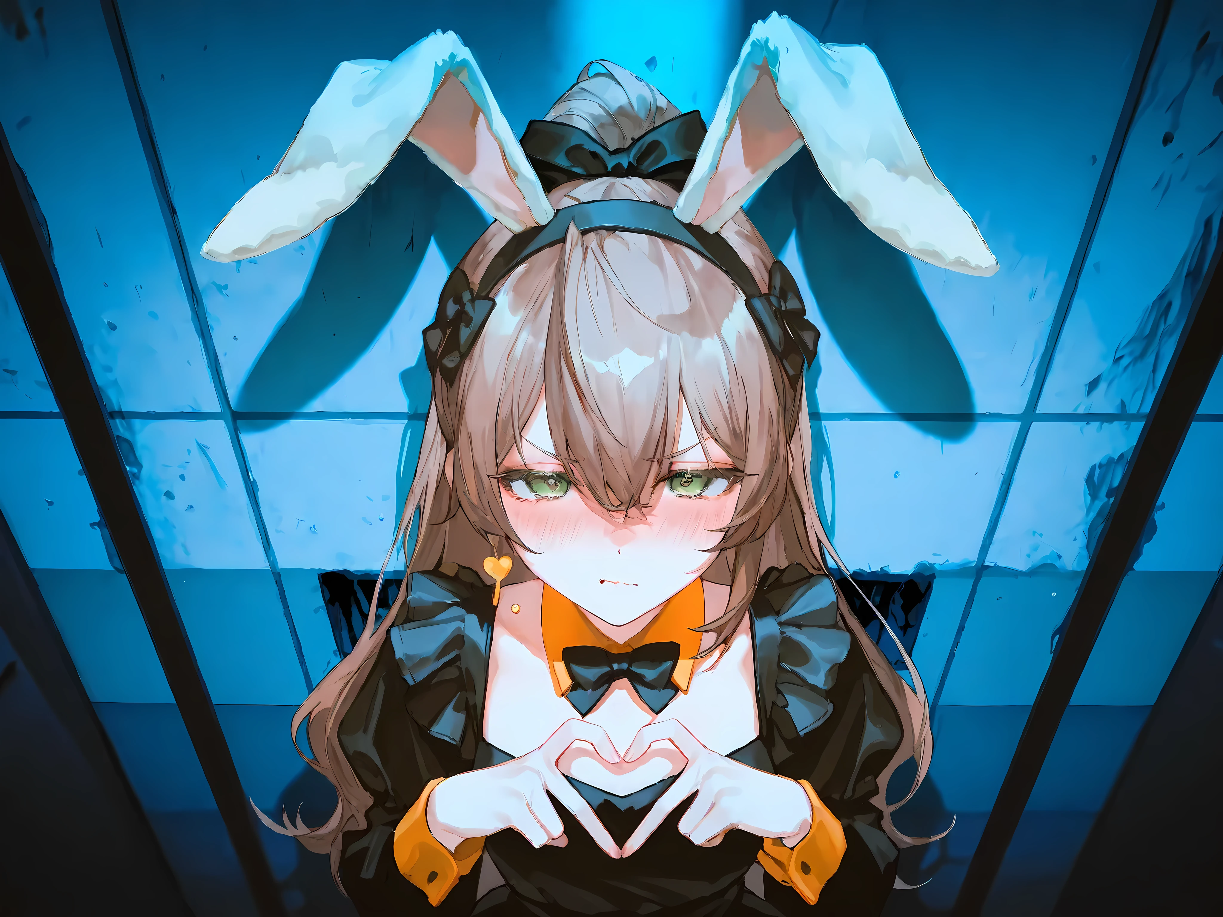 heart hand gesture,blush,senpai，yiwujiu,(green eyes,delicate eyebrows，Thin eyebrows,Grumpy,),(light-brown hair,long hair,high ponytail:1.2,single ponytail),(animal band,Usagimimi,rabbit ears band,rabbit ears fur)，(black maid dress,long sleeves),highres,absurdres,incredibly absurdres,very awa,masterpiece,best quality,in the style of fashion photography,(ray tracing,Murky,Gloomy,dark space,dark atmosphere,Vintage/Nostalgic,plain Wall,Cool Tone),photo background,Visual impact,sharp focus,depth of field,(yoneyama mai:0.5),(quasarcake:0.4),line art,depth of field,(rei \(sanbonzakura\):0.8),(ciloranko:0.7),(artist:quasarcake:0.8),(wlop:0.7),extreme aesthetic,,ultra-high resolution,32K UHD,unconventional supreme masterpiece, high-end texture,masterful details,intricate details,high contrast,natural skin,official art,bust,face focus,heavy blush face,very shy,from above,cute face,Annoyed，unhappy，looking at viewers