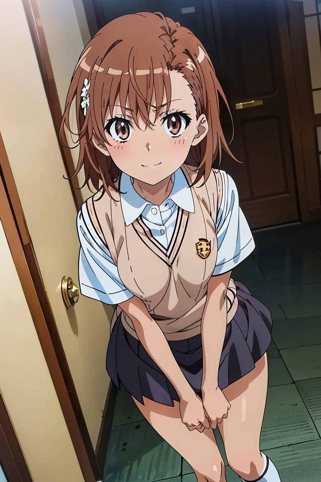 (masterpiece, best quality, high resolution, 8k:1.2), (anime coloring, official art:1.5), perfect character design, official art, highly detailed CG Unity 8K wallpaper, perfect face, perfect eye, perfect hair style, perfect body, beautiful body, beautiful skin, beautiful breasts, beautiful legs, beautiful hands, perfect hands, beautiful finger, beautiful face, beautiful eyes, symmetrical eyes, slim body, (1 girl), (misaka mikoto, brown eyes), (small breasts), (brown hair, short hair, bangs, eyebrows visible through hair, hairpin), (tokiwadai school uniform, white shirt, short sleeves, (sweater vest, v-neck), (gray skirt, pleated skirt, thighs), (loose socks)), (dutch angle), looking at the viewer, (cowboy shot:1.2),