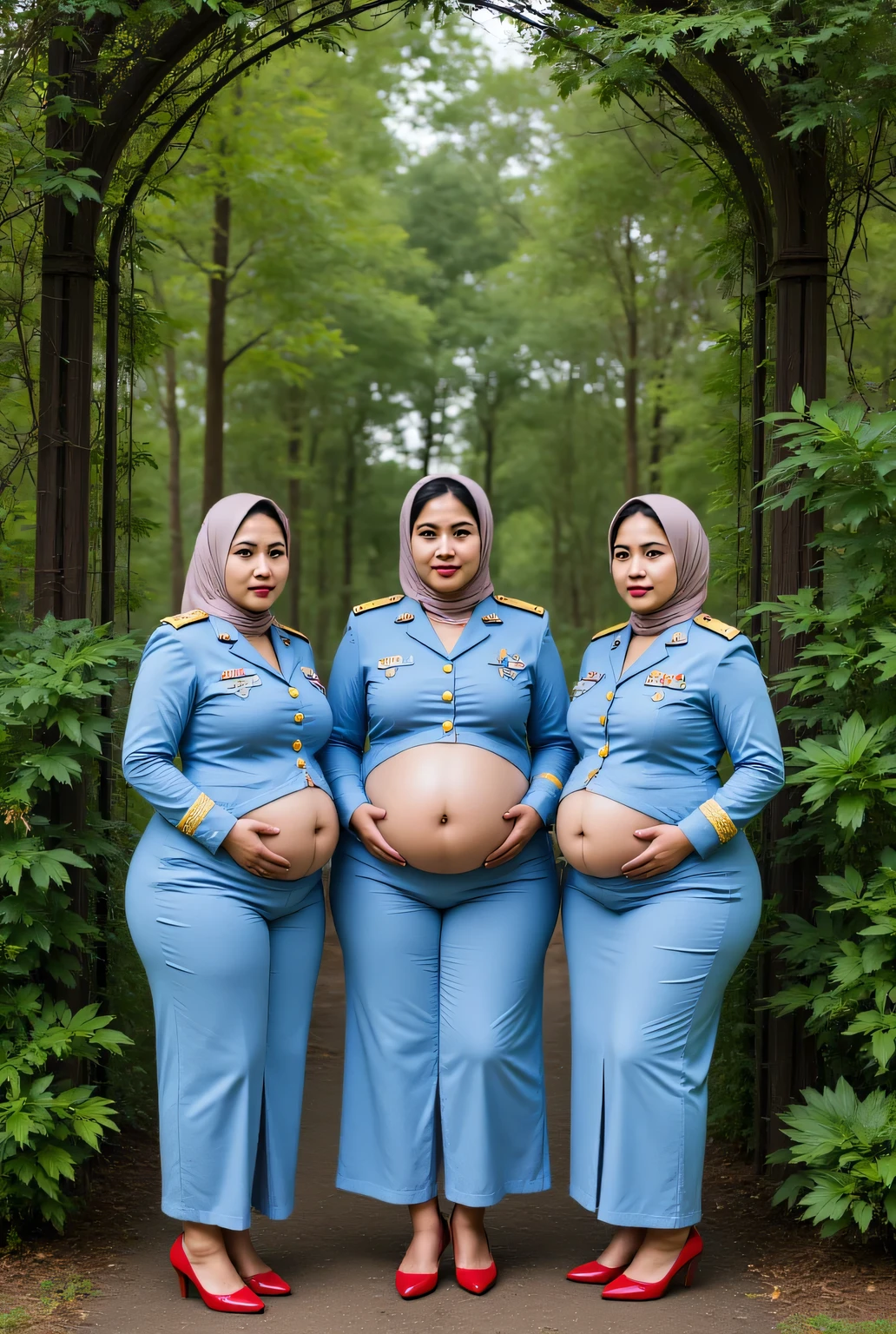 3 preggos military girls, hijab, They are wearing light blue suit ceremonial military and long skirt, huge belly, huge , huge , wears red high heels, background on the forest