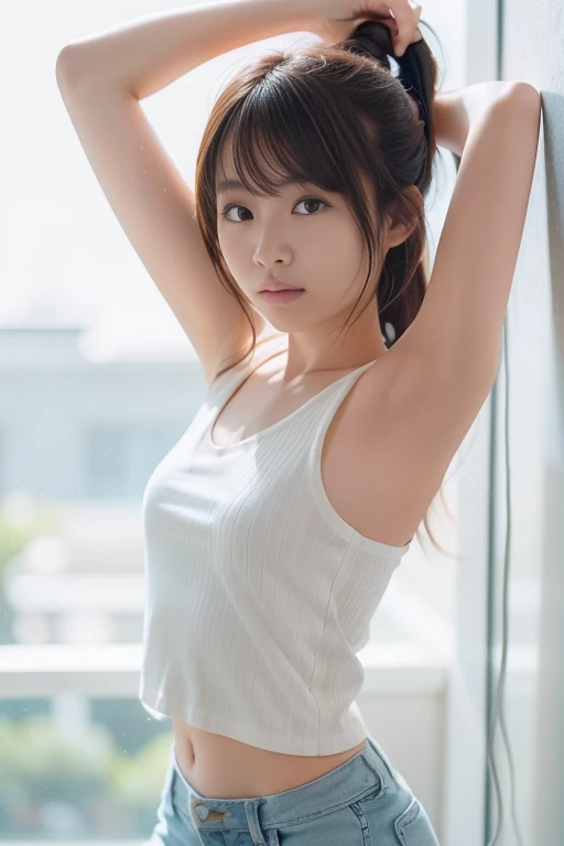 Slightly bright natural lighting,A live-action version of the very  extreme tiny super thin  leotard, a girl under 13 years old with beautiful body, full of gentle and dedicated beauty of modern elegant Oriental Japanese descent actress from the ultra modern,real face+real skin.