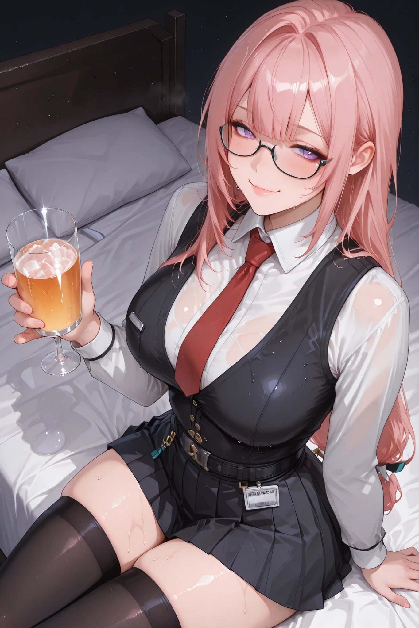 masterpiece, best quality, ultra highres, 1 girl, tsukishiro yanagi\(zenless zone zero\), long pink hair, straight bangs, purple eyes, black-rimmed glasses, white collared shirt, black vest, red tie, black pleated skirt, black thigh high stockings, sitting on bed, holding glass, sweating, smug smile, flushed face, simple background
