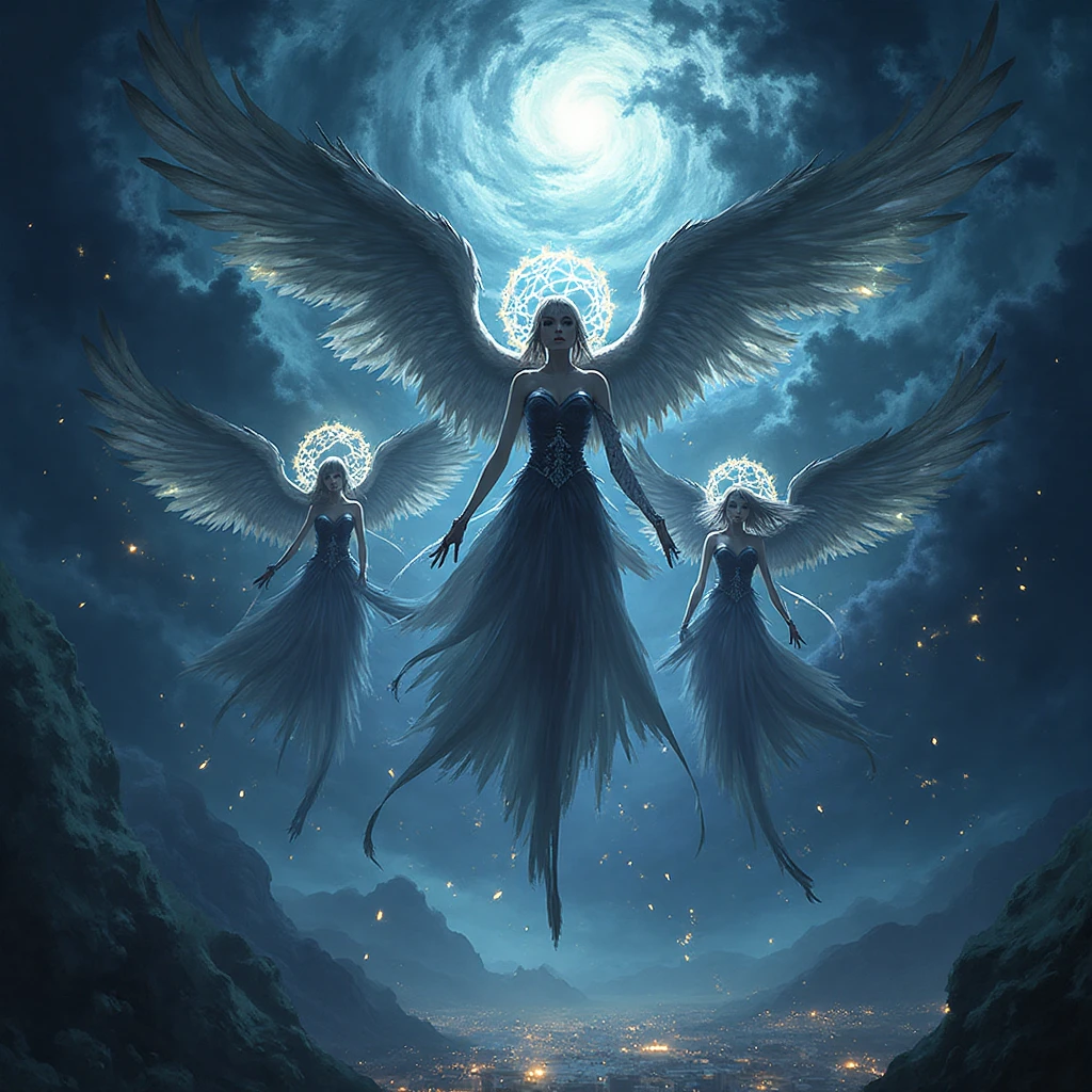 The Garterbelt Stocking Angels descending from the heavens through a stormy cosmic sky, their glowing wings trailing light, halos cracked and glowing. Gothic-inspired garter belt outfits billow dramatically as feathers scatter in the wind. Below them, faint city lights and cosmic clouds shimmer. Stylized anime fantasy illustration, epic composition, ethereal atmosphere, masterpiece, highly detailed, award-winning anime art.  Stylized anime artwork, highly detailed, fantasy illustration, ethereal, masterpiece award-winning art.
