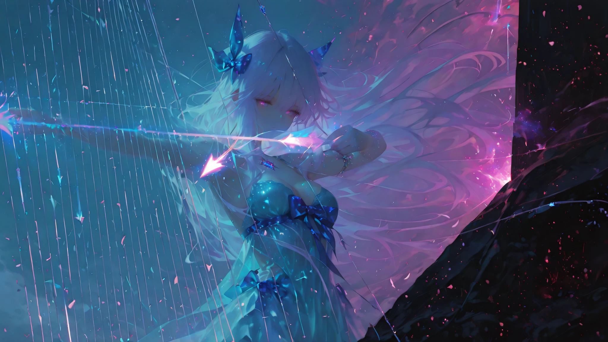 748cmstyle, 1girl, solo, best quality, long hair, medium breasts, late-twenties, bow, shooting arrow, magic arrow, glowing arrow, majestic, magical, breathtaking, impactful, drawing bow, mana bow,