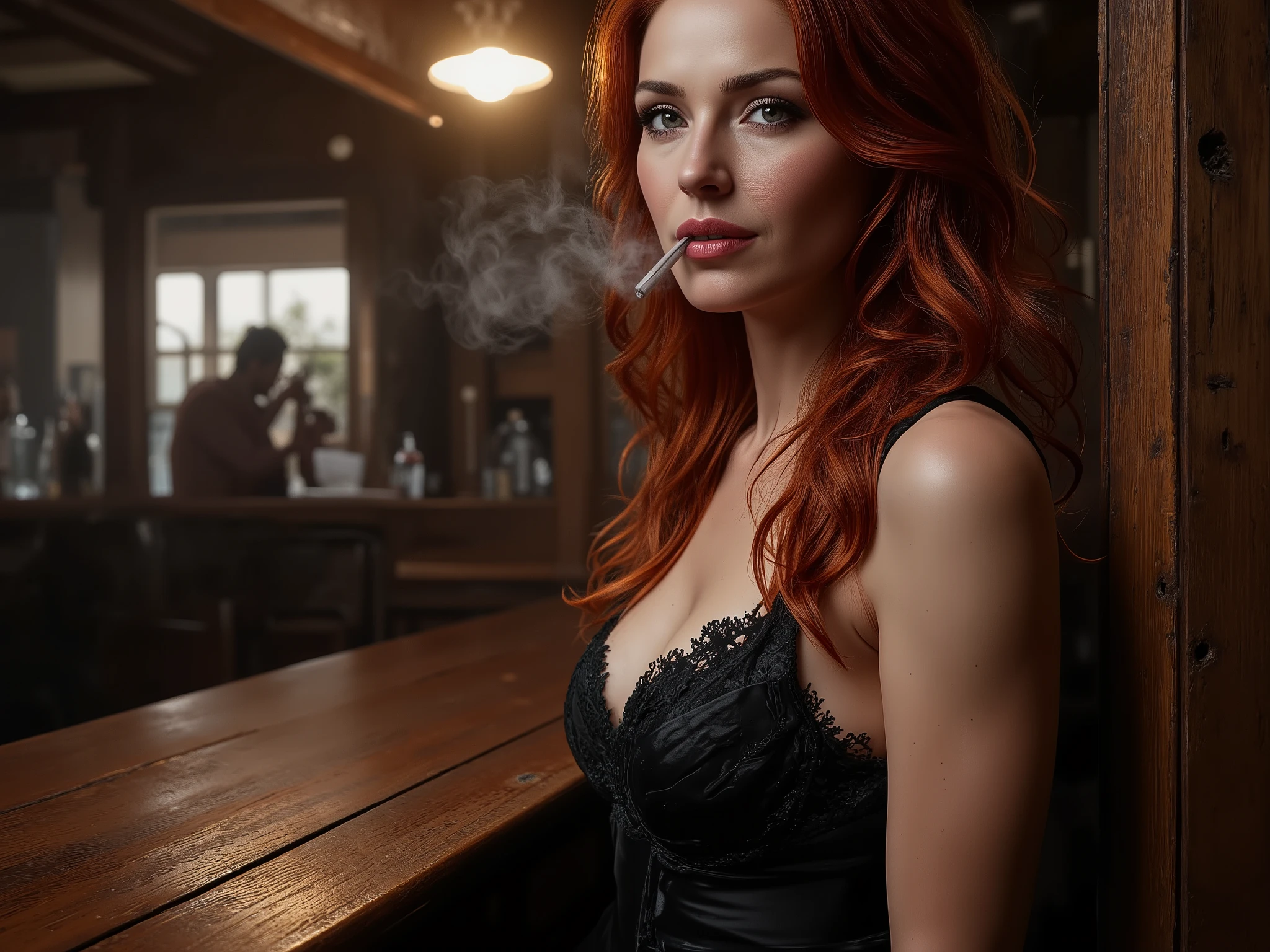 Ultra-detailed cinematic close-up of Bel inside a dimly lit Western saloon. She leans elegantly against the wooden bar, wearing a black lace corset with satin details that accentuate her curves in a provocative yet refined way. Her lips are slightly parted as she exhales a delicate trail of smoke from a slim cigarette, her expression confident and seductive. Her eyes, half-lit by the warm golden glow of an oil lamp, gaze forward with a mix of mystery and allure. Her hair cascades in soft waves, framing her flawless face. The blurred background shows faint shapes of liquor bottles and polished wood, giving depth of field. Hyper-realistic textures, lifelike skin, natural proportions, 16:9, [FLUX] REALISTIC FANTASY MACHINE DIGITAL.