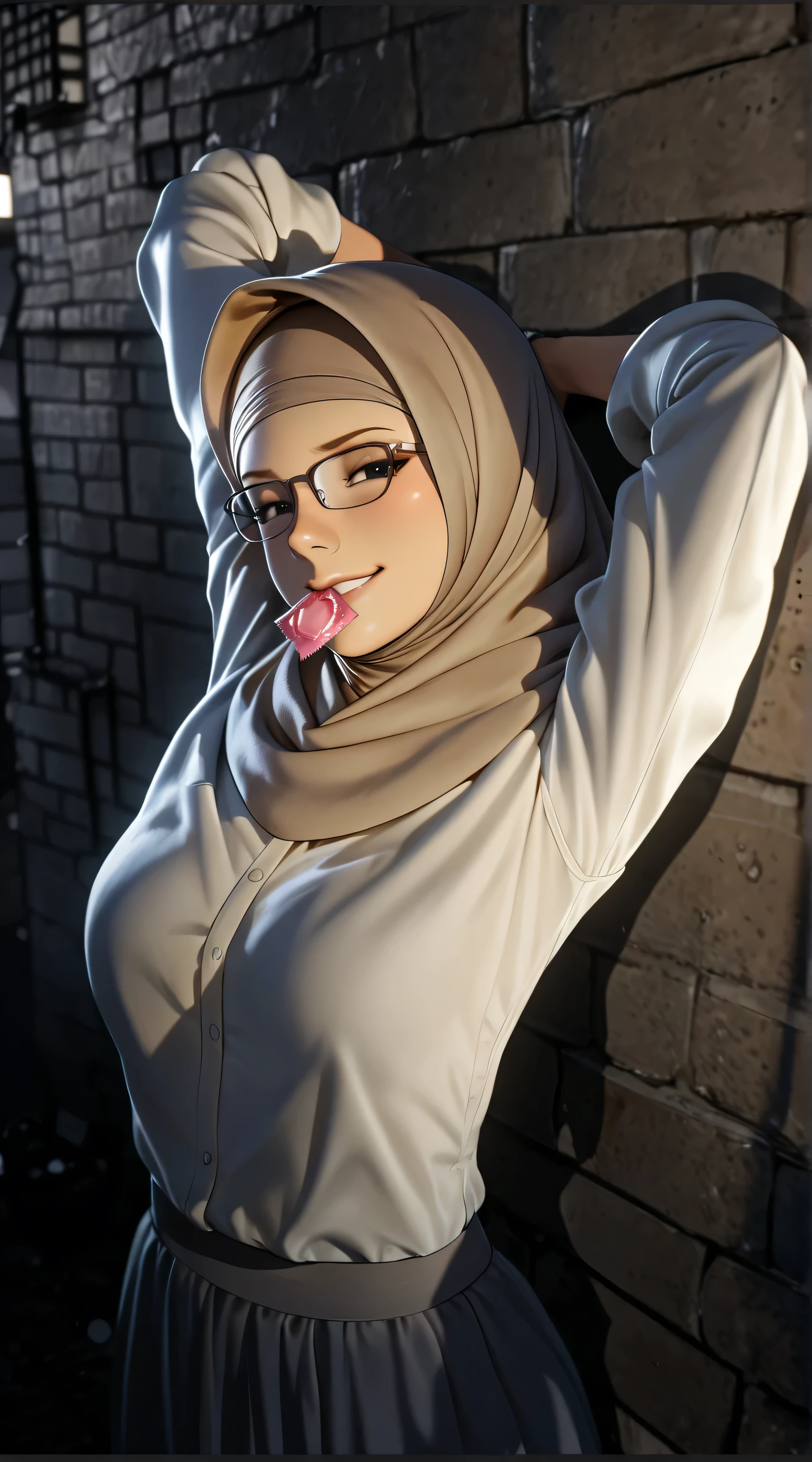there is a beautiful young girl with a light brown long hijab posing sensualy for teasing in the back alley's wall and holding a condom on her mouth, rendered in sfm, sexsy pose, wearing light brown long skirt, wearing a glasses, wearing light brown uniform, ( ( 3 d render ) ), sexsy pose, ( ( ( ( hijab) ) ) ), sensual pose, high detailed skin, high detailed image, 2 d anime asrt style, 2 d anime character, anime art style, anime color, ultrarealistic shaded, looking at viewer with naughty smirk, black eyes color, 3 d cgi rendered, 8K, Best Quality, Masterpiece, Ultra High Resolution, nsfw