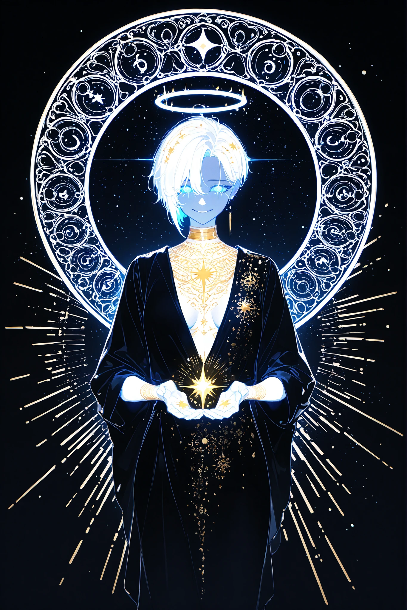 (glowing,xxx667_illu,) The woman is a living star. She has a tall athletic figure. She has white glowing skin. She has white glowing short hair that forms halo rays around her head. She has green glowing eyes. She is wearing a black Greek toga decorated with gold star embroidery. She holds a star in her hand. She has a cold smile on her face. (In the background: the starry sky of the zodiac signs in the Art Nouveau style. The sun and moon are on opposite sides of the sky.)