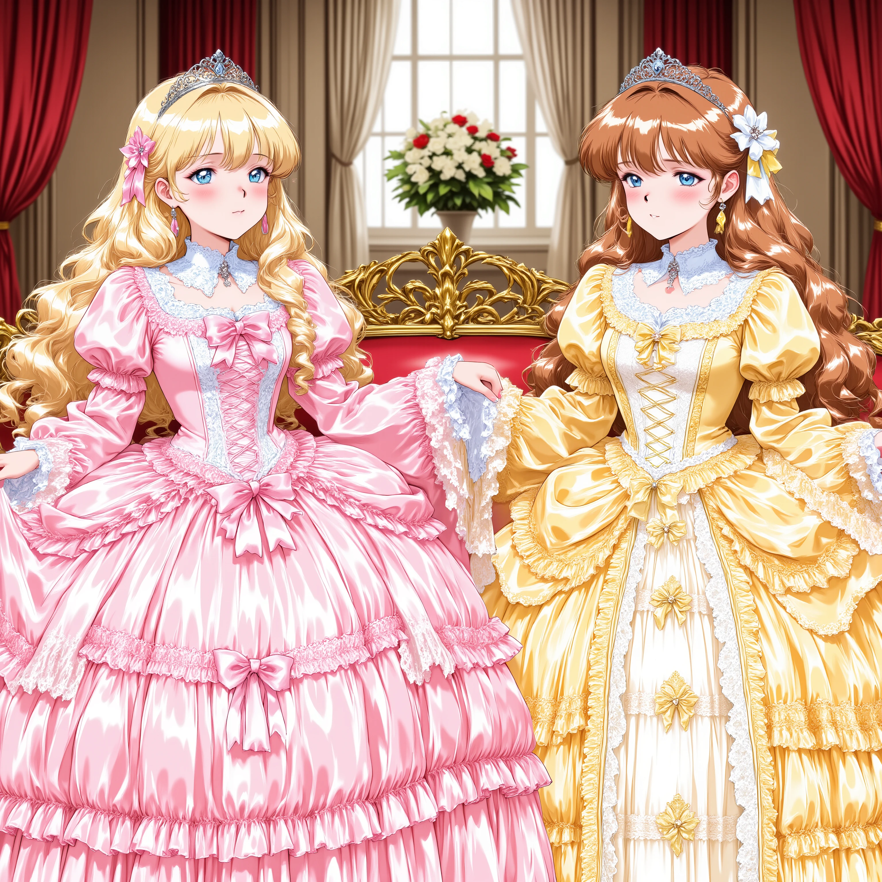 masterpiece, very beautiful, (anime着色, anime), OFFICIAL ART, illustration, 90年代animeスタイル,
1girl, masterpiece, Highest Quality, Ridiculous, OFFICIAL ART, official style, Cute Princess, she's laughing,((colorful silk satin victorian style large ball gown dress.:1.0)),short,long sleeve,The dress is adorned with lots of ruffles and ribbons., they have long blond wavy hair that is waist-length, in a luxurious European rococo palace ,I'm wearing a princess tiara on my head,