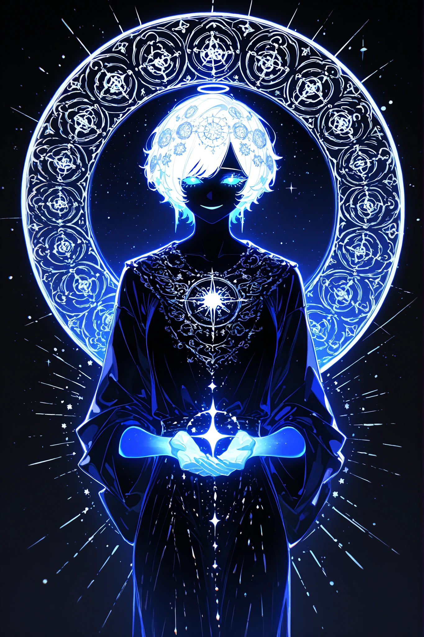 (glowing,xxx667_illu,) The woman is a living star. She has a tall athletic figure. She has white glowing skin. She has white glowing short hair that forms halo rays around her head. She has green glowing eyes. She is wearing a black Greek toga decorated with gold star embroidery. She holds a star in her hand. She has a cold smile on her face. (In the background: the starry sky of the zodiac signs in the Art Nouveau style. The sun and moon are on opposite sides of the sky.)