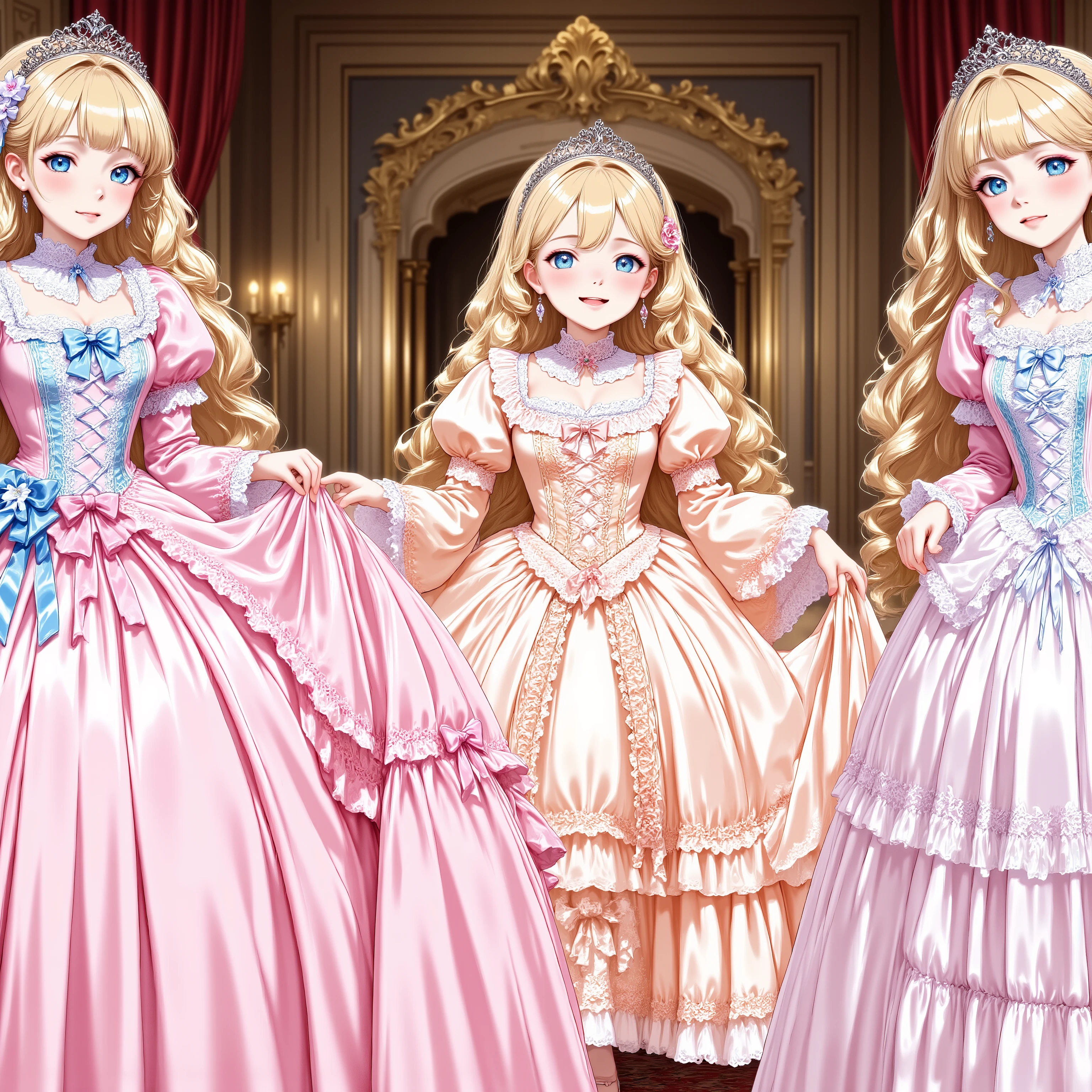 masterpiece, very beautiful, (anime着色, anime), OFFICIAL ART, illustration, 90年代animeスタイル,
1girl, masterpiece, Highest Quality, Ridiculous, OFFICIAL ART, official style, Cute Princess, she's laughing,((colorful silk satin victorian style large ball gown dress.:1.0)),short,long sleeve,The dress is adorned with lots of ruffles and ribbons., they have long blond wavy hair that is waist-length, in a luxurious European rococo palace ,I'm wearing a princess tiara on my head,