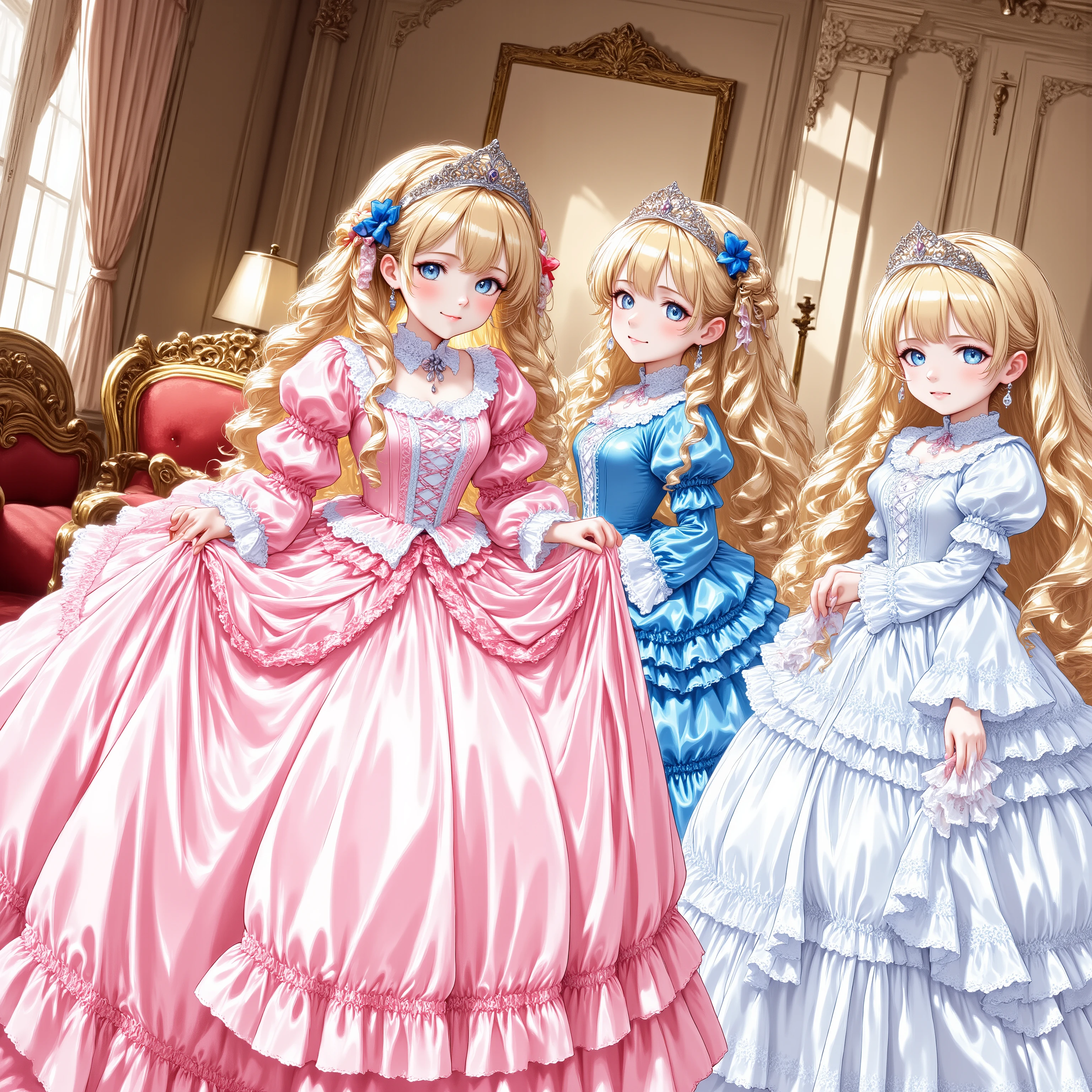 masterpiece, very beautiful, (anime着色, anime), OFFICIAL ART, illustration, 90年代animeスタイル,
1girl, masterpiece, Highest Quality, Ridiculous, OFFICIAL ART, official style, Cute Princess, she's laughing,((colorful silk satin victorian style large ball gown dress.:1.0)),short,long sleeve,The dress is adorned with lots of ruffles and ribbons., they have long blond wavy hair that is waist-length, in a luxurious European rococo palace ,I'm wearing a princess tiara on my head,