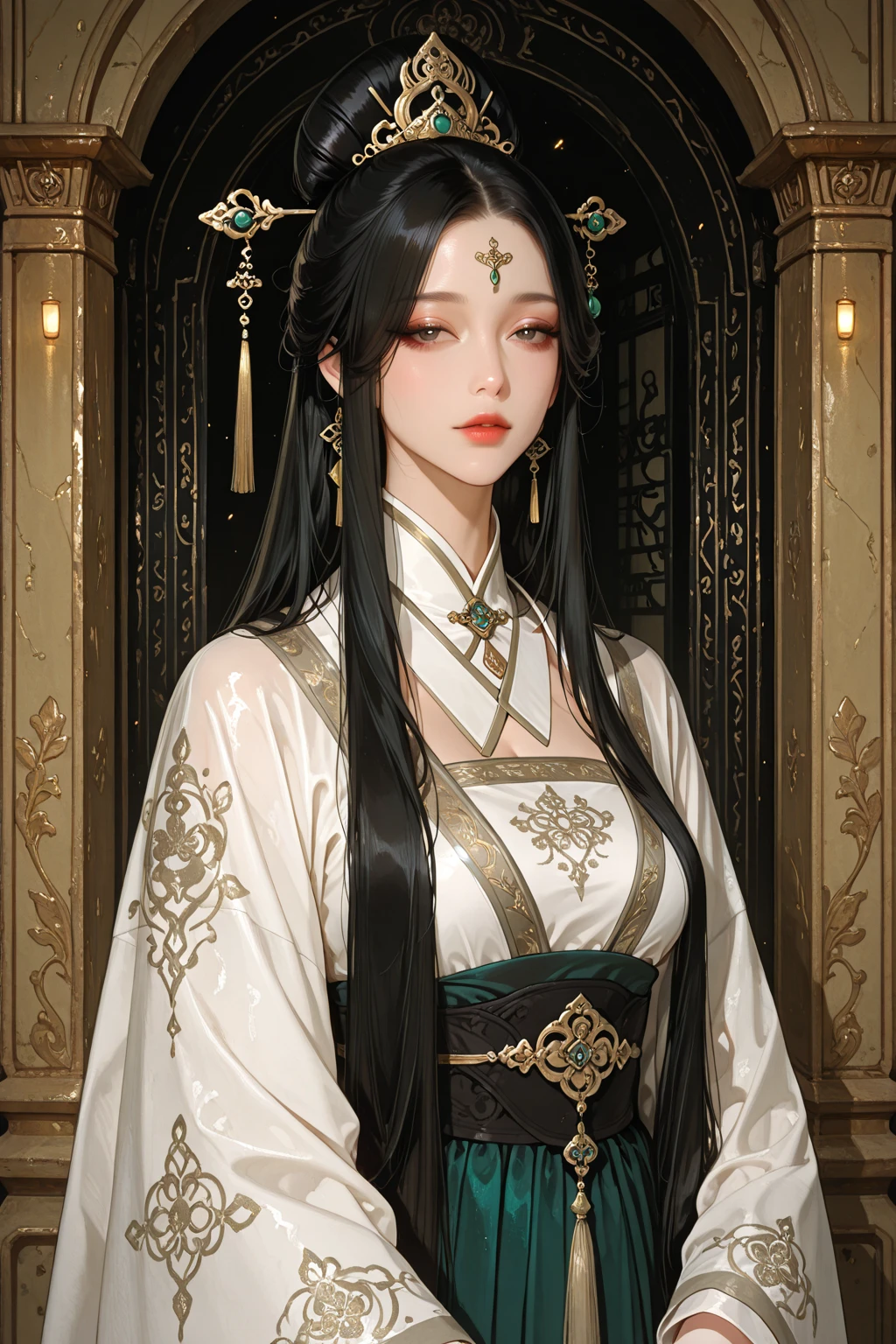 Photorealistic, high resolution, 1 woman, up, Beautiful eyes, Long hair, ringed eyes, white hair, jewelry, tattoo, hanfu