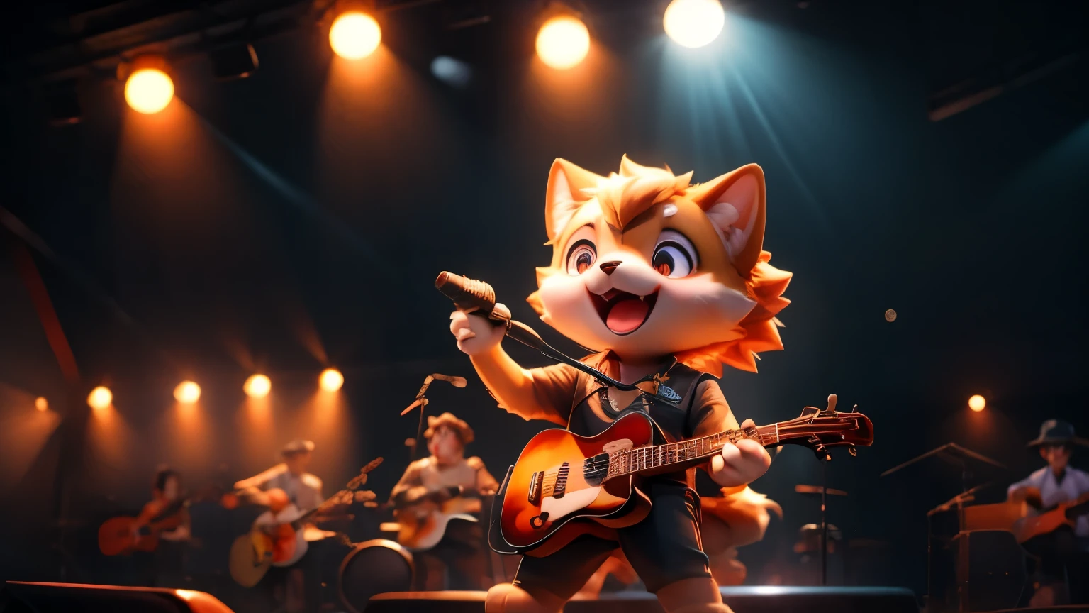 cute dog illustration、Band dog singing on stage