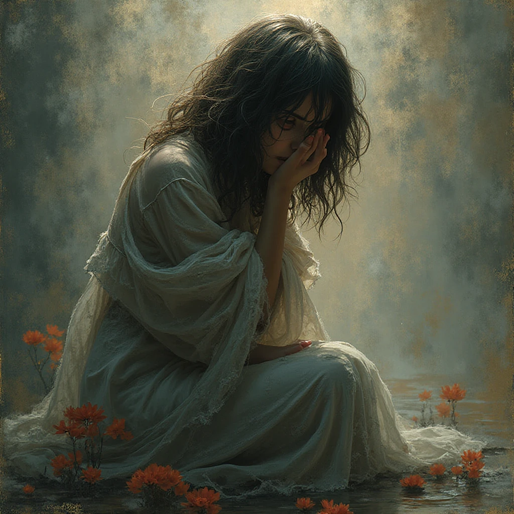 an oil painting of a young woman succumbing to exhaustion on a wooden log by a lake,  in the style of Edward Hopper, contrasting warm and cool tones, face relaxed in deep slumber, dramatic side lighting creating stark shadows, solitary melancholic atmosphere --v 5 --stylize 1000