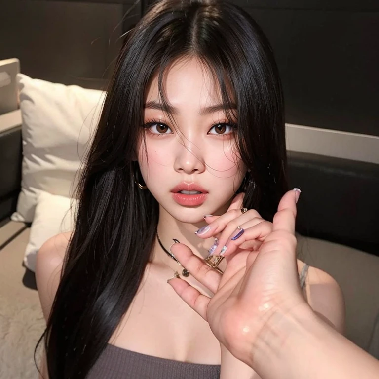 Billie Eilish with a muscular male arm holding her cheeks, there's an arm squeezing your cheeks