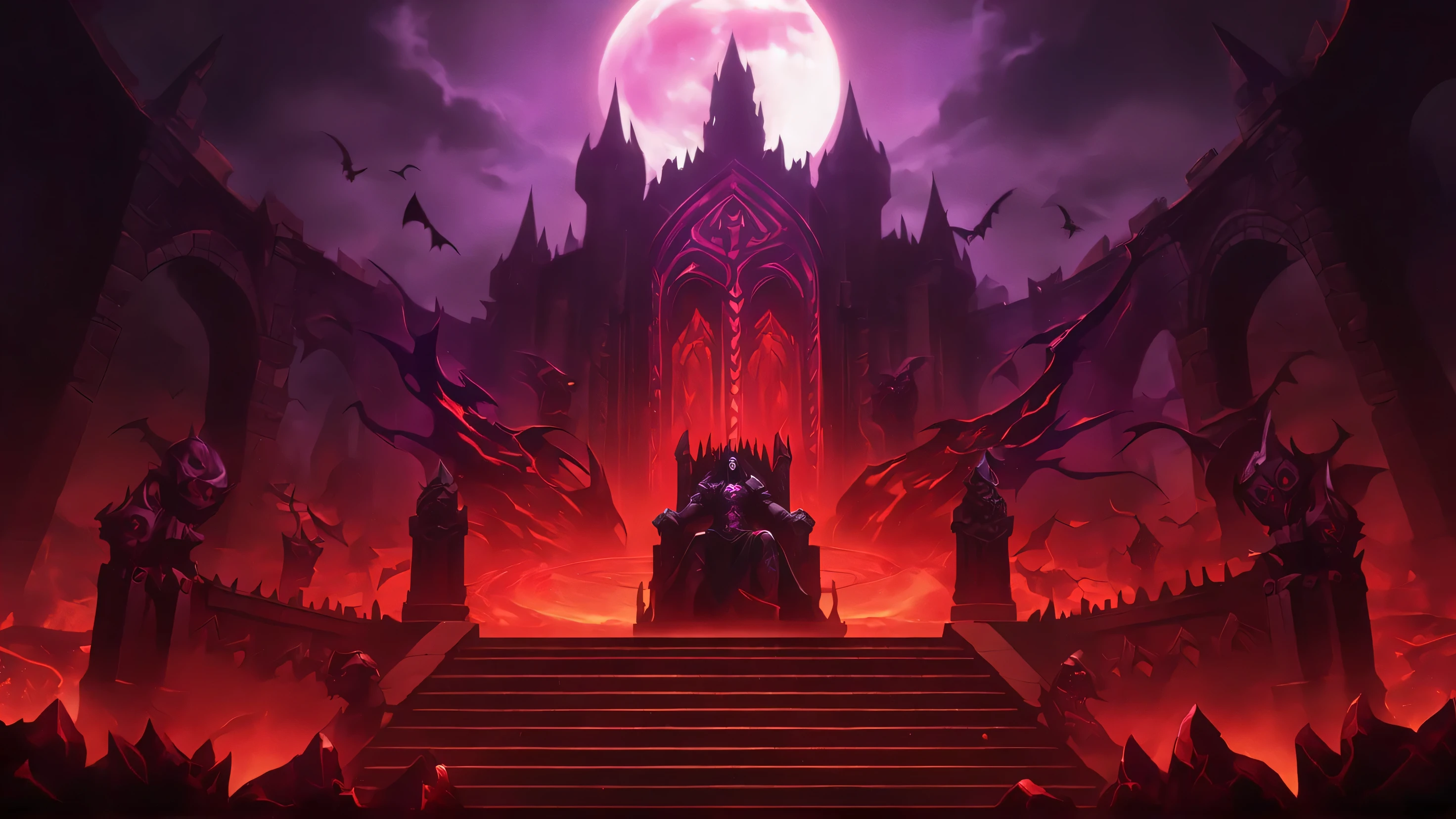 a close up of a castle with a giant red moon in the background, decadent throne room, official splash art, castlevania inspired, world of warcraft art style, blood moon background, complete darkness background, background artwork, castlevania, demonic shrine, dark castle background, world of warcraft splash art, demonic atmosphere, lord from hell on the throne, an ominous fantasy illustration