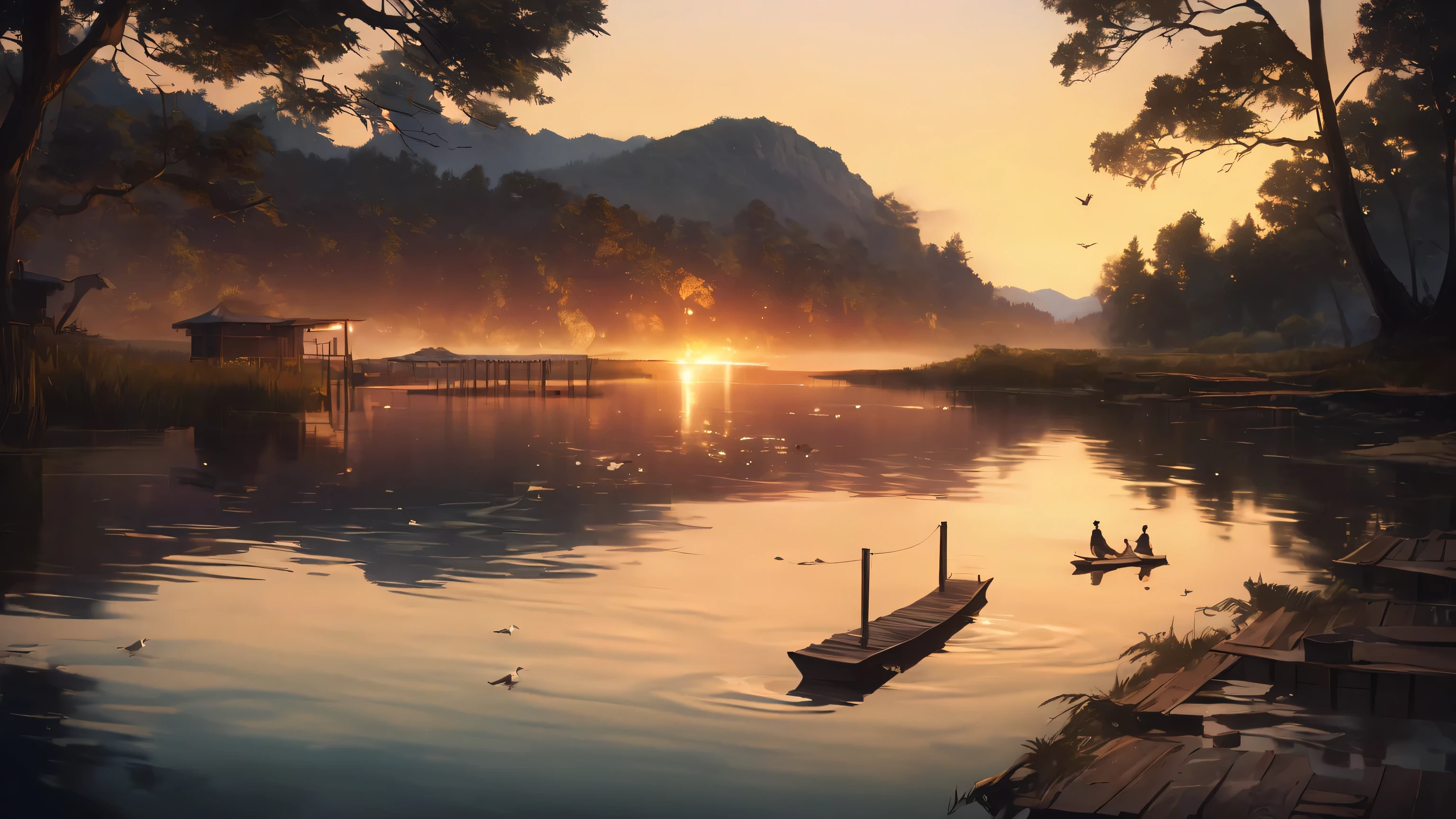 anime scene, beautiful anime background, river at sunset, masterpiece, best quality, ultra-detailed, best illustration, absurdres, detailed background, very aesthetic, orange sky, golden hour, sun reflecting on water, calm flowing river, rippling surface, riverside landscape, distant mountains silhouetted, overhanging trees, wooden dock, gentle waves, atmospheric lighting, warm colors, nostalgic mood, golden reflections, soft shadows, birds flying in distance, realistic water effects, cinematic composition, digital art, professional artwork, 8k resolution, vibrant colors, dramatic lighting