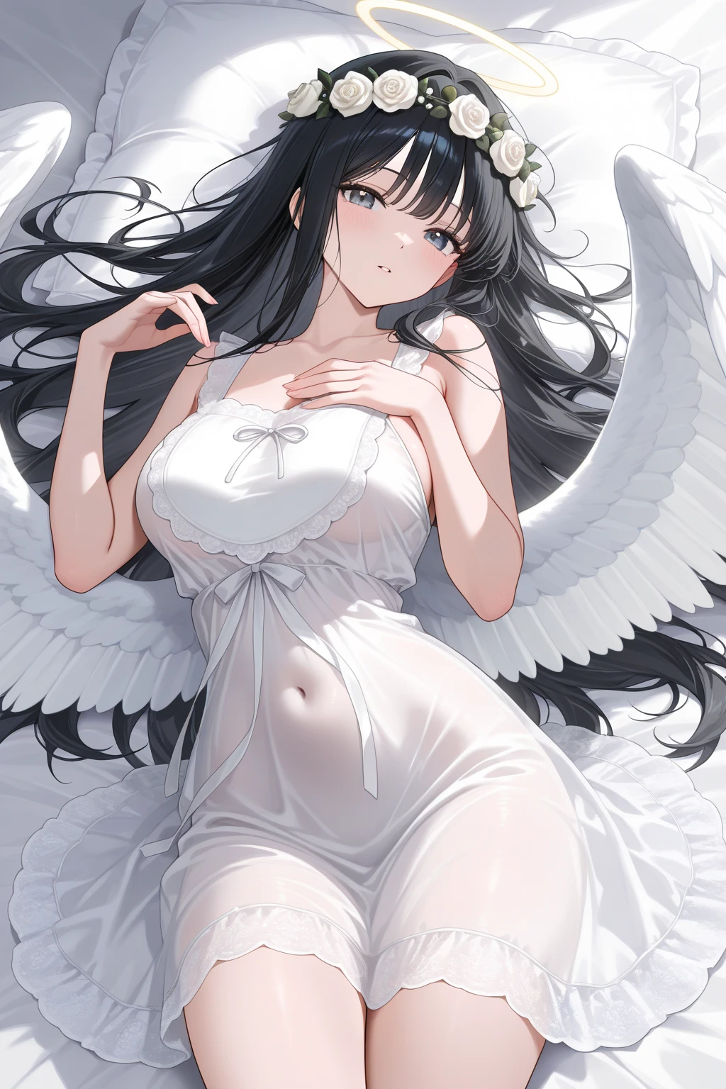 Stunning Chitanda, 只有一个beautiful girl，Purple Eyes, Black Hair, Naturally straight hair, Straight bangs，Extremely refined，lips open，Very red face，Very white skin，big eyes，Flowing long hair，beautiful girl, Like a dream，Slim，Soft, (Sensual), (Kawaii), Dream quality，Naked，With angel wings，Large Breasts，bathing in the river，transparent，Clavicle exposed，Bare neck，Bare thighs，Exposing the groin，Camel toe，Bare legs，barefoot，extremely shy，Ultra-high resolution, (masterpiece:1.2, best quality), (Exquisite and beautiful eyes: 1.2), (Beautiful and delicate face)