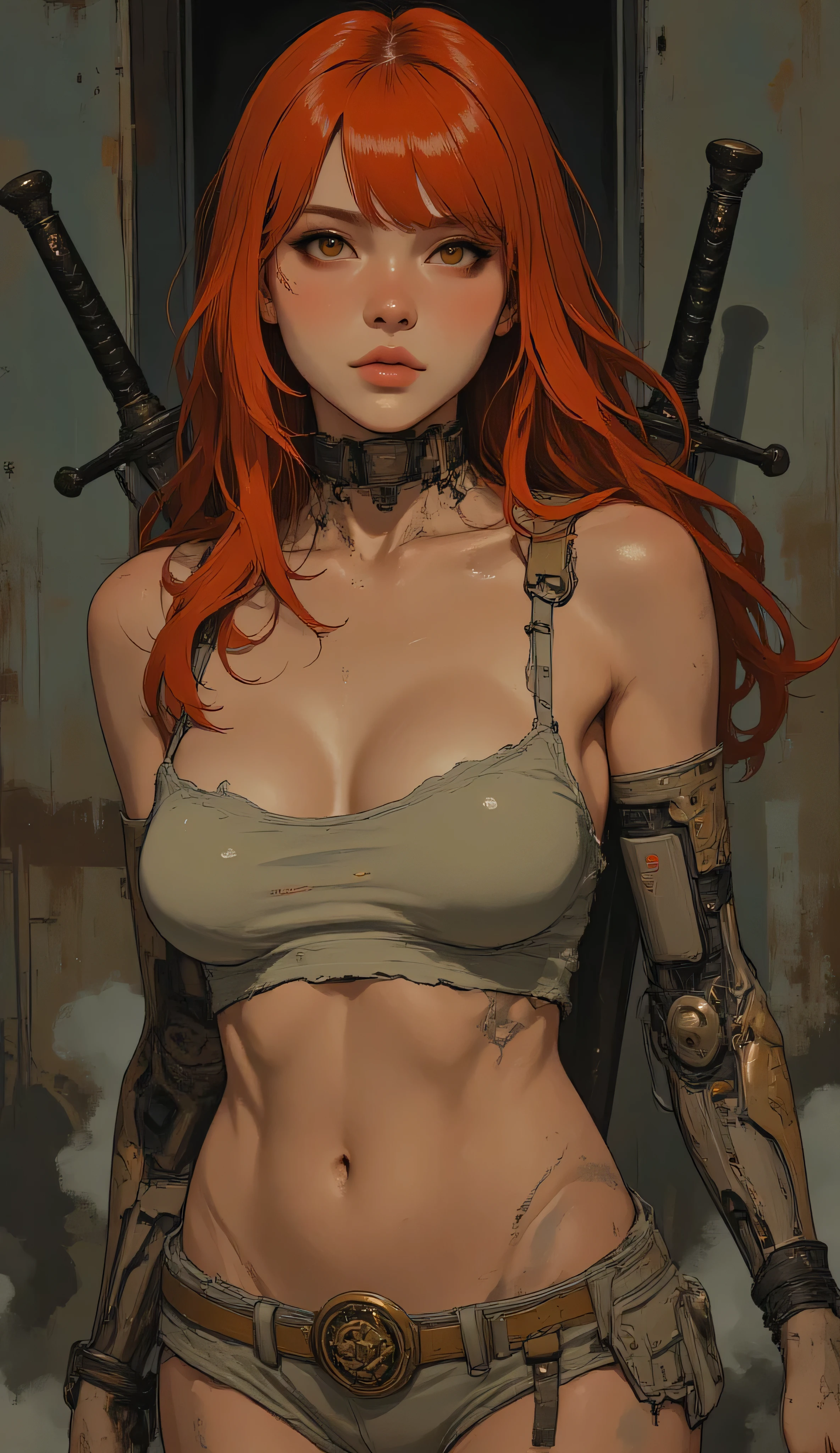  Score_9, score_8_up, score_7_up, ((highest quality)), ((masterpiece)), Perfect Face, (High definition), (Best Shadow), 8k, cinematic. A highly detailed artwork in the fantasy genre Luis Royo style using digital painting techniques. It features a full-body view of a woman with long, flowing red hair that cover her bust. She only wears a very short torn shirt on her breathtaking body, with cybernetic prosthetics. Her expression is intense, with a slight smile, and she holds two long, sharp swords behind her back, their hilts decorated with intricate carvings. The background is a gradient of lights colors, with subtle hints of mist or smoke, giving a mystical, ethereal feel. The textures are finely detailed, from the smoothness of her skin to the roughness of the swords and the softness of her hair. The overall color palette is muted with the down lights. The artwork combines elements of fantasy and sci-fi styles, with a focus on intricate details and a sense of depth and movement.

