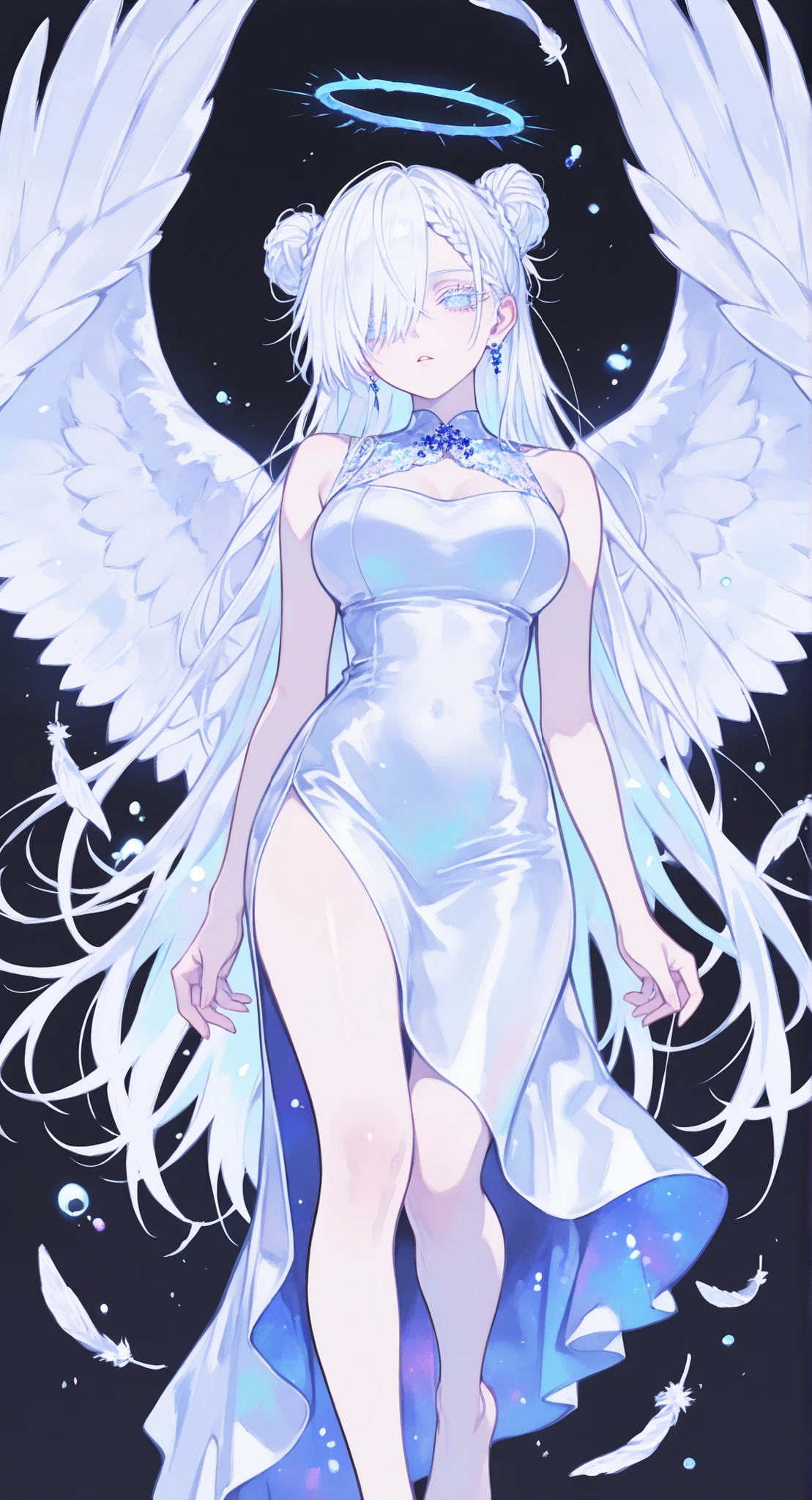 (masterpiece, best quality:1.3), amazing quality, very aesthetic, absurdres, highres, newest, HDR, 8K, cinematic lighting, photorealistic, close-up, 1girl, blue halo, angel wings, feathers, Gojou Satoru, Jujutsu Kaisen, colored eyelashes, blue eyes, white hair, very long hair, braided bangs, braided bun, double bun, (white hair), hair over right eye, expressionless eyes, large breasts, (petite but curvy), very cute, beautiful, shy, (pale skin:0.91), alternate costume, jewelry, blue goddess dress, barefoot, solo, parted lips, glowing bubbles, chromatic aberration, very cute, vibrant colors, pastel palette, black background