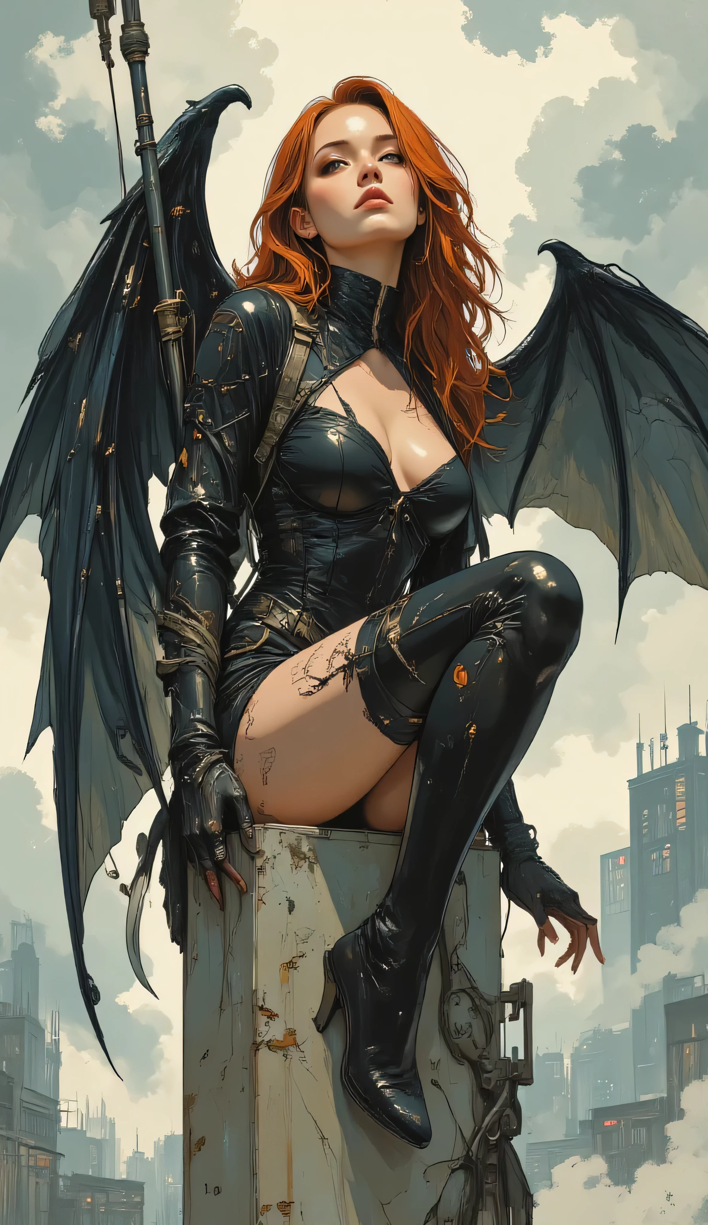  Score_9, score_8_up, score_7_up, ((highest quality)), ((masterpiece)), Perfect Face, (High definition), (Best Shadow), 8k, cinematic. A highly detailed digital illustration in a fantasy art style. The subject is a voluptuous, fair-skinned woman with long, flowing red hair and striking blue eyes. She is depicted in a provocative pose, seated on a pedestal with her legs bent to one side, her body partially covered in a tight, black, form-fitting bodysuit that accentuates her ample breasts and curvaceous figure. Her outfit is adorned with intricate, dark, almost organic patterns that resemble scales or tattoos, adding to her mysterious and seductive aura. She has large, bat-like wings with black membranes and red veins, which are spread out behind her. Her right hand holds a long, curved, silver-bladed weapon, while her left hand rests on her knee. The background is a misty, ethereal environment with swirling, translucent white and gray clouds that give the scene an otherworldly, dreamlike quality. The pedestal she sits on is made of a pale, smooth material that contrasts with the dark tones of her outfit and wings.
The overall composition and lighting emphasize the woman's sensuality and otherworldly nature, with the mist adding to the mystical atmosphere of the scene.

